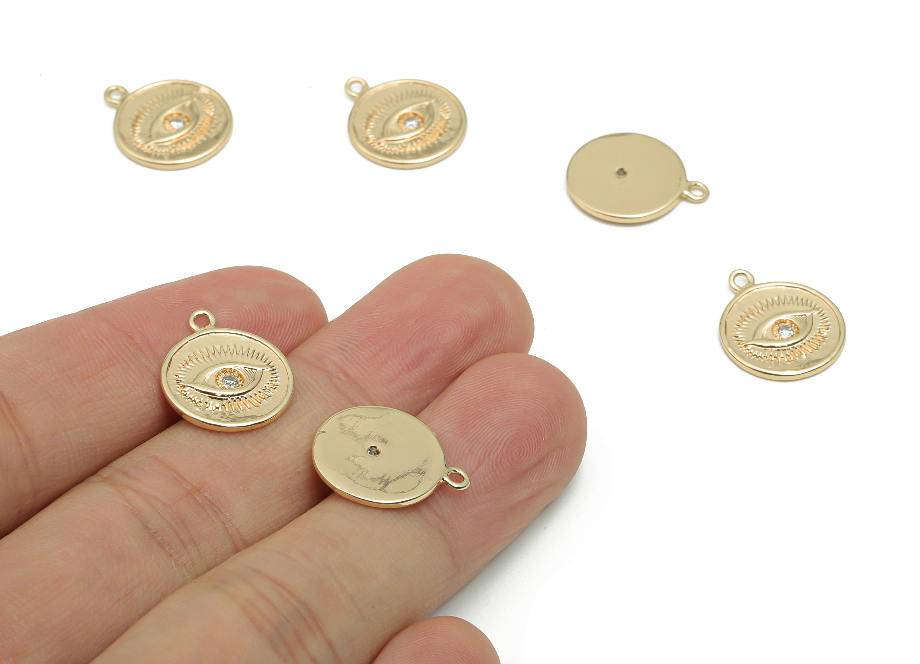 Brass Round Eye Earring Charms With Zircons - Gold Eyelash Circle Pendant - 18K Real Gold Plated Brass - 16.48x13.88x1.43mm - RGP4276 - DOMEDBAZAAR
