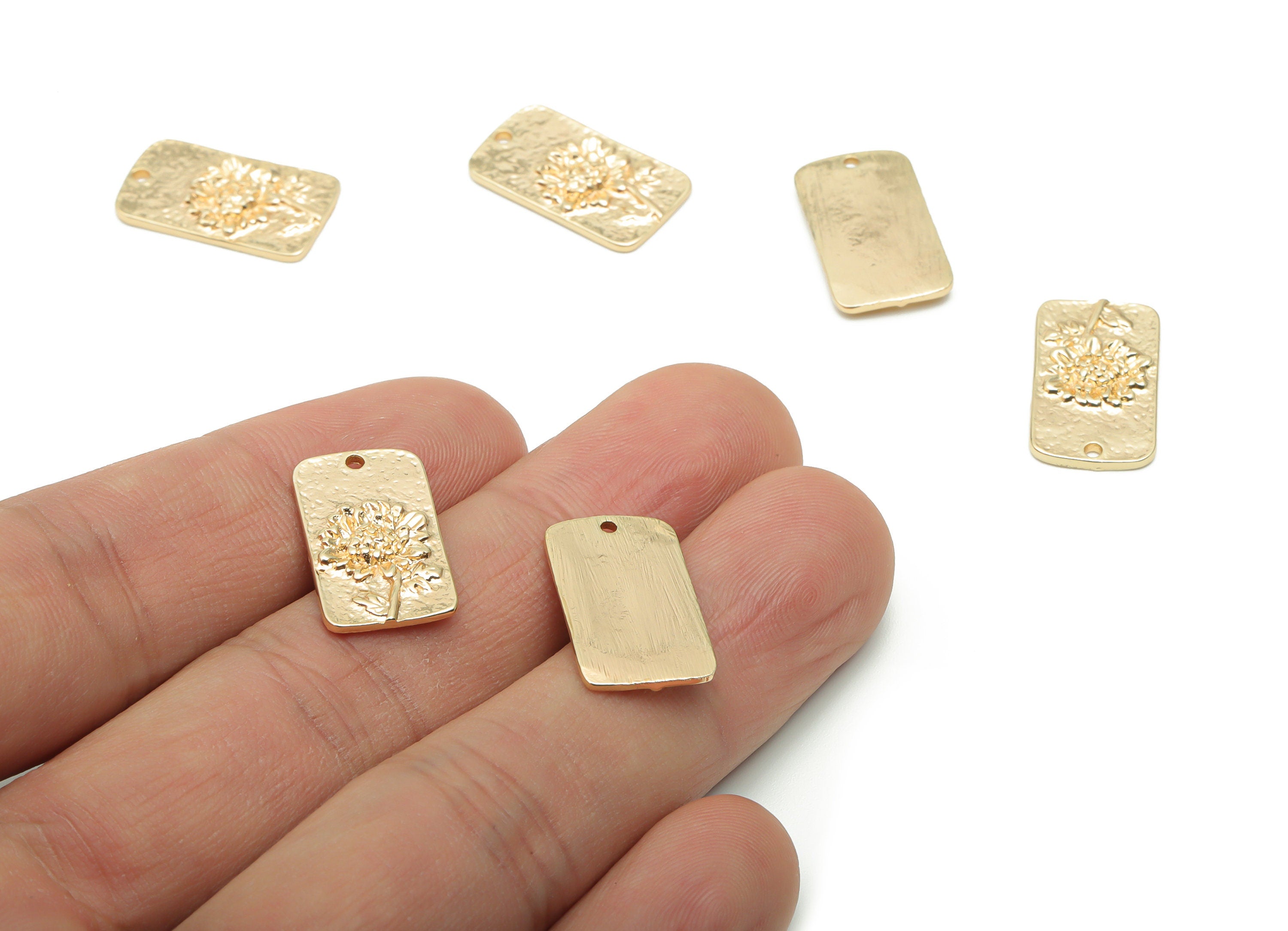 Brass Hammered Rectangle Earring Charms - Gold Sunflower Pendant - 18K Real Gold Plated Brass - Jewelry Supplies - 19.6x1.8x1.63mm - RGP4225 - DOMEDBAZAAR