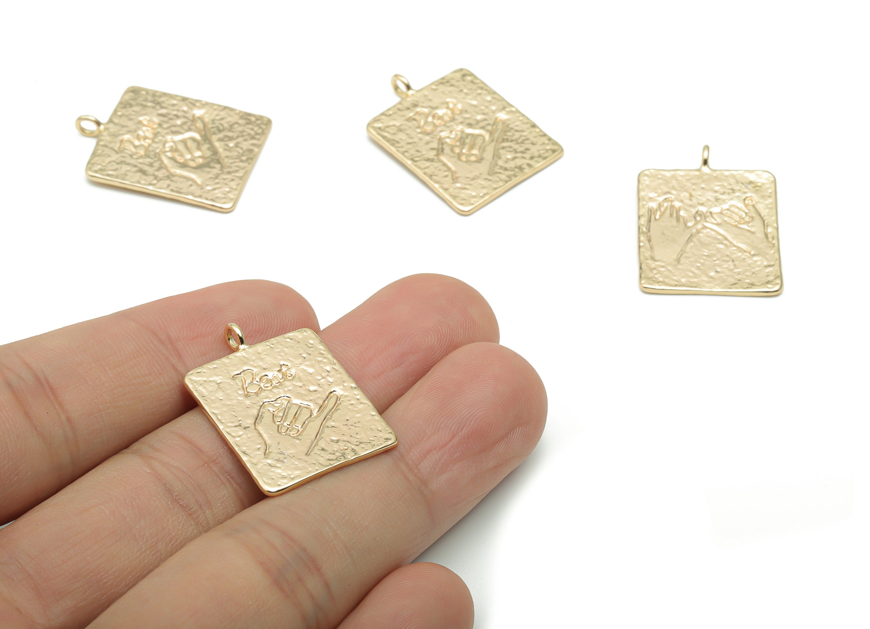 Brass Hammered Square Hand Pull Hook Earring Charms - Gold Hand Sings Pendant - 18K Real Gold Plated Brass - 26.17x19.05x1.04mm - RGP4268 - DOMEDBAZAAR