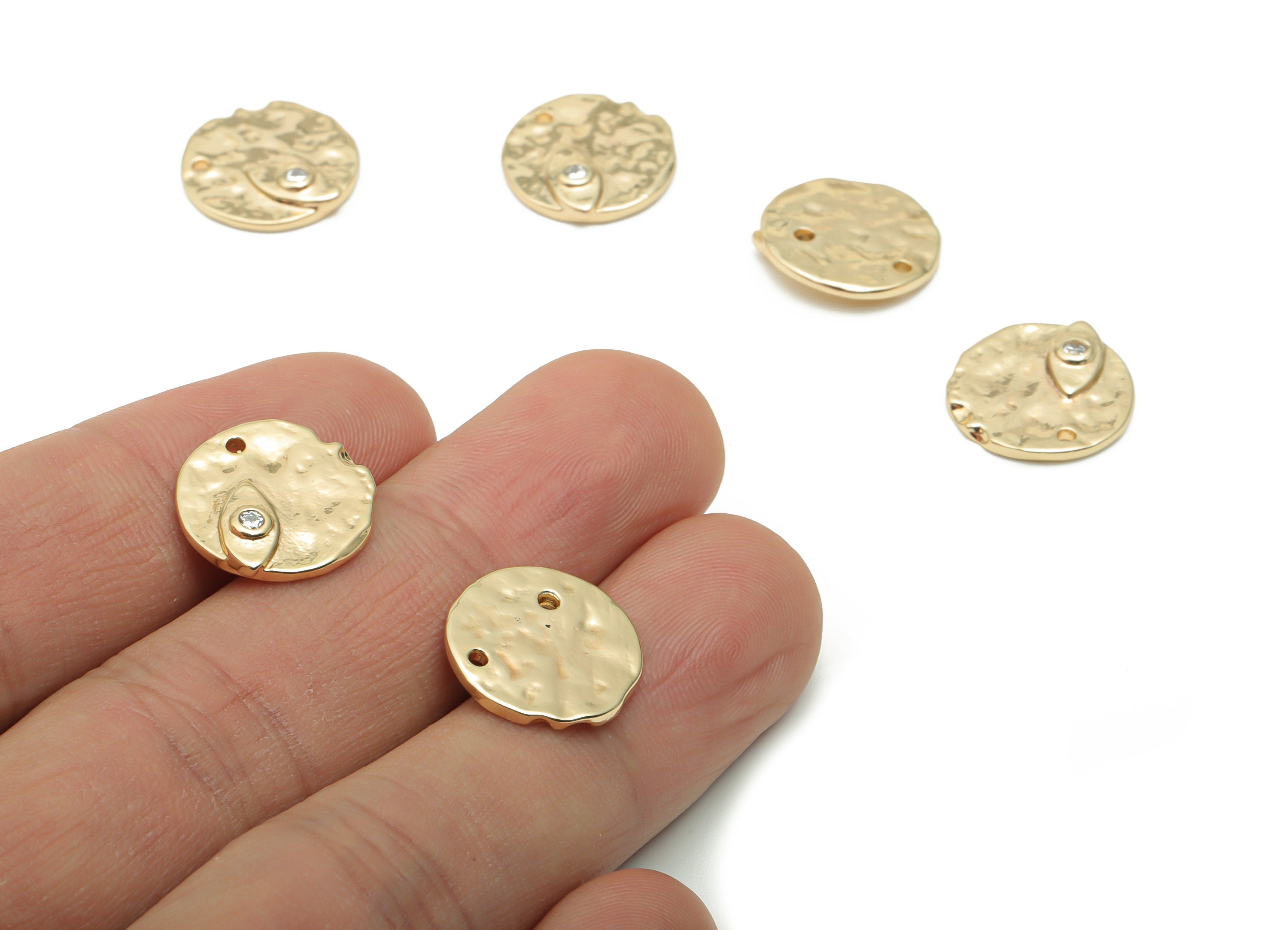Brass Hammered Round Eye Earring Charms With Zircons - Gold Eye Circle Pendant - 18K Real Gold Plated Brass - 14.68x14.54x2.07mm - RGP4271 - DOMEDBAZAAR