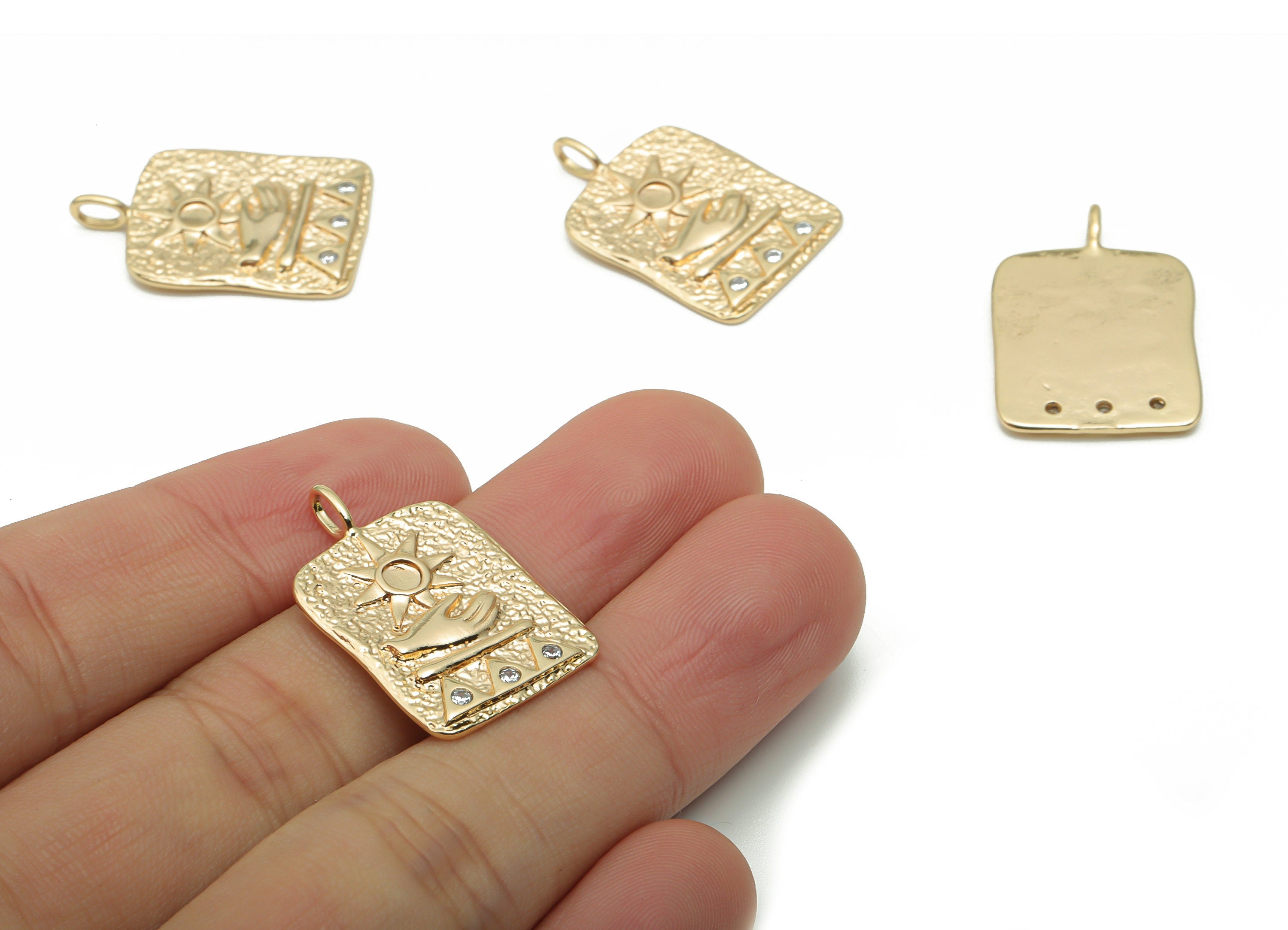 Brass Spotty Hold The Sun In Your Hand Charms With Zircons - Gold Square Mountains Sun Hand Pendant - 26.67x17.42x1.61mm - RGP4273 - DOMEDBAZAAR