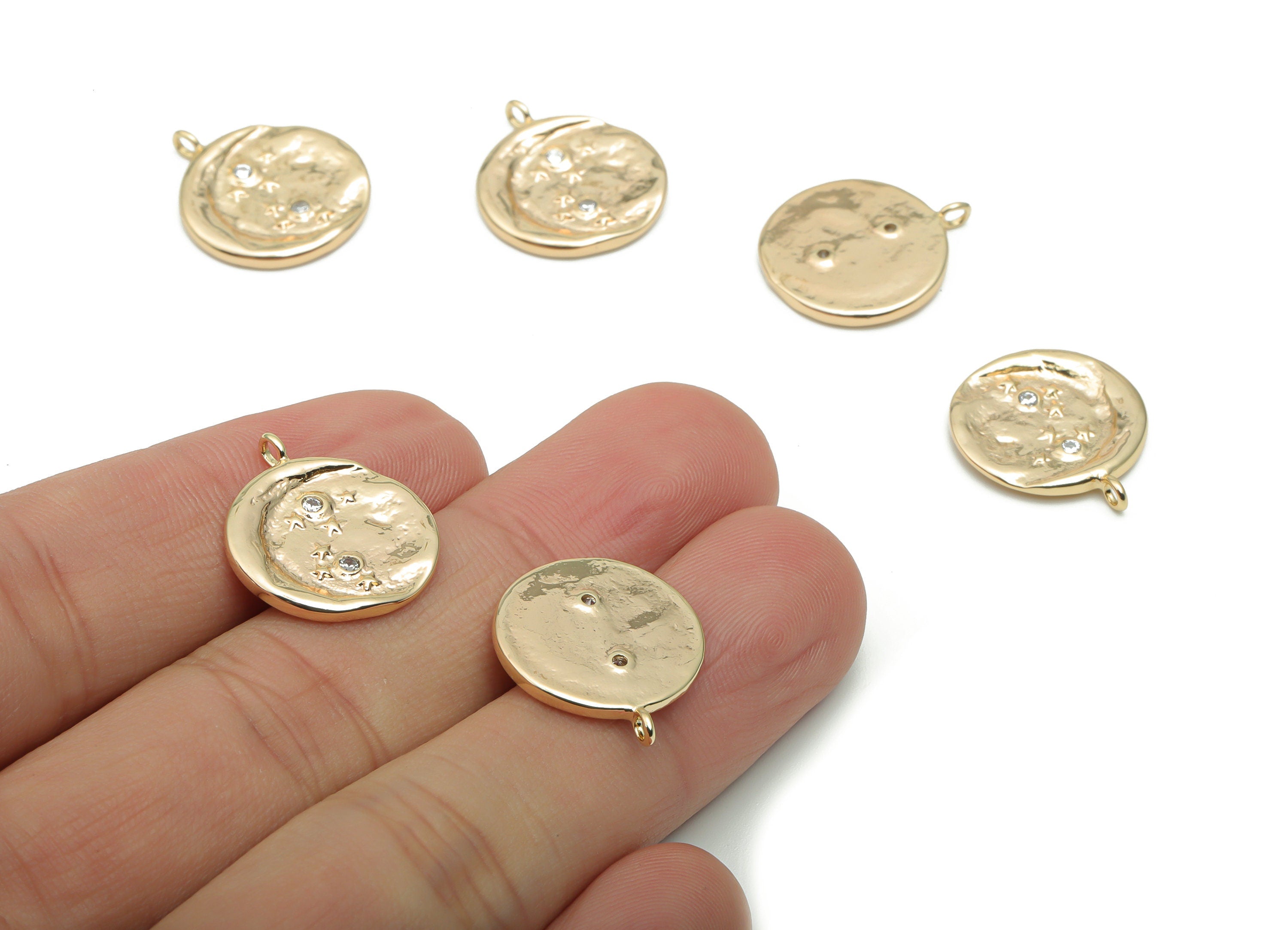 Brass Mini Round Moon Star Charms With Zircons - Gold Crescent Pendant - Old Age Charm - 18K Real Gold Plated Brass -19.2x16.7x1.7mm-RGP4275 - DOMEDBAZAAR