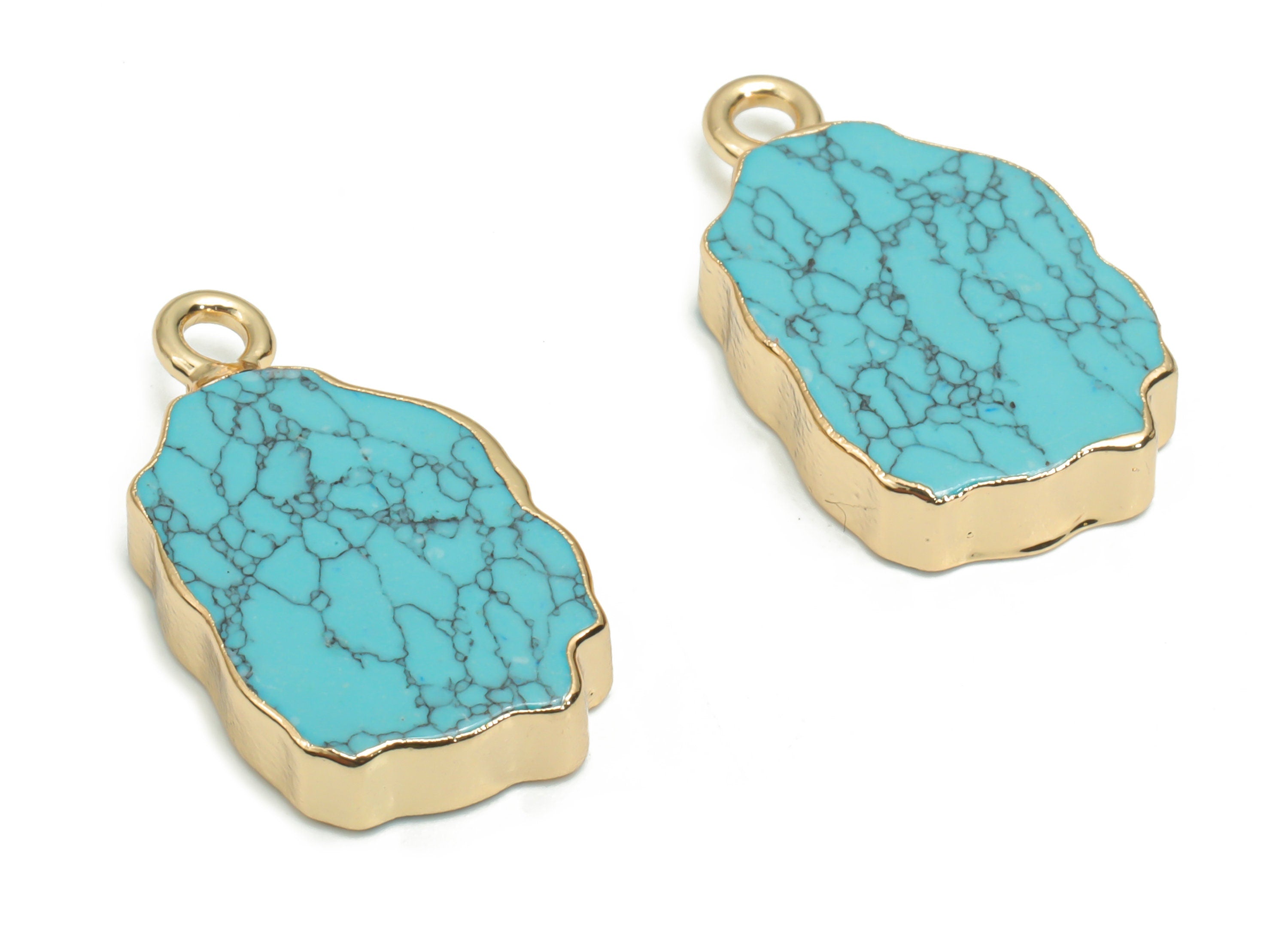 Blue Turquoise Irregular Earring Charms - Brass Irregular Pendant - Natural Stone - Gold Tone Plated Brass – 19.85x12.45x3.16mm – NS1614B - DOMEDBAZAAR