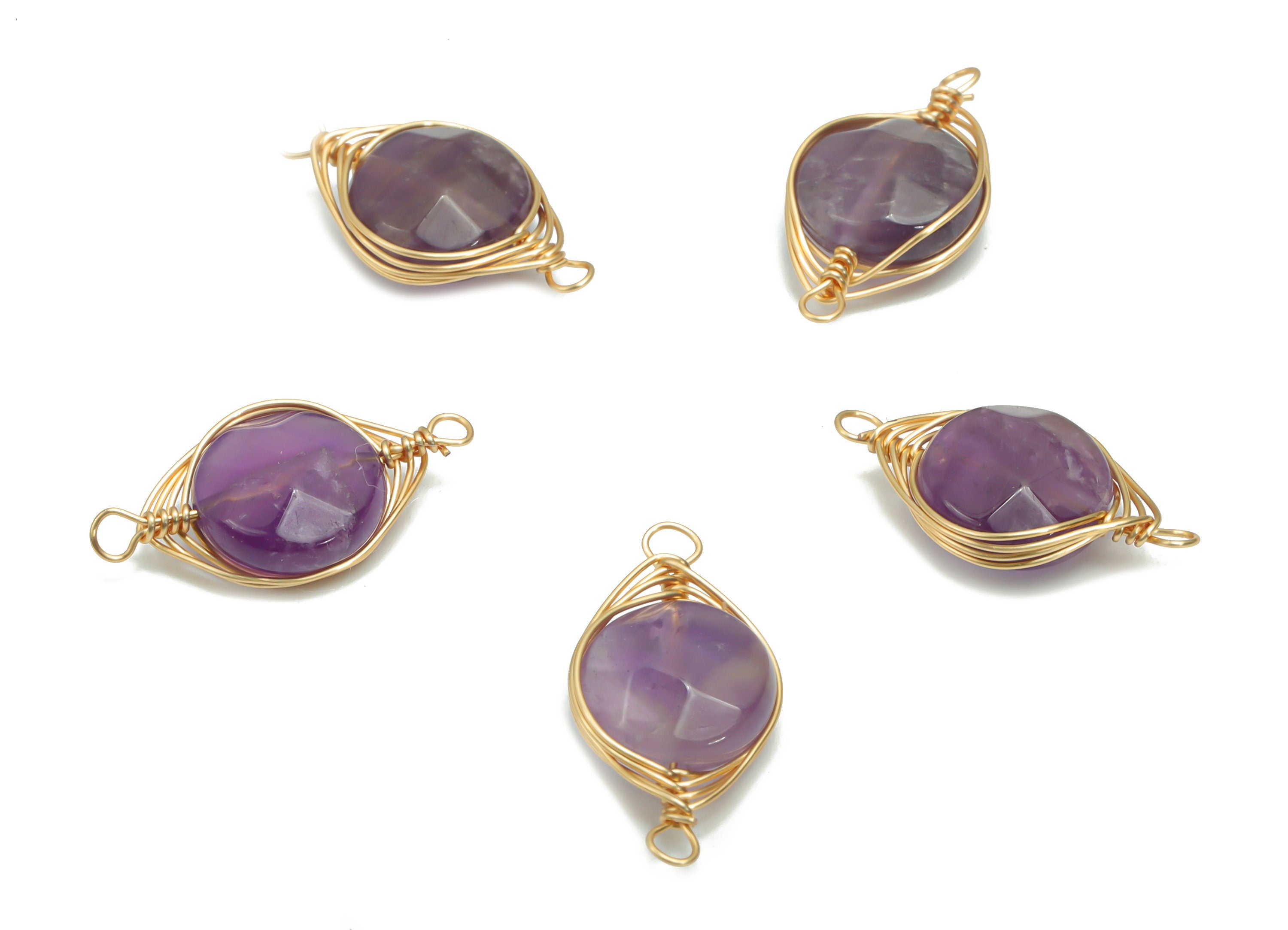 Purple Amethyst Round Faceted Earring Connector - Brass Circle Pendant - Wire Wrapped - Gold Tone Plated Brass – 20.78x11.06x5.28mm – NS1606 - DOMEDBAZAAR
