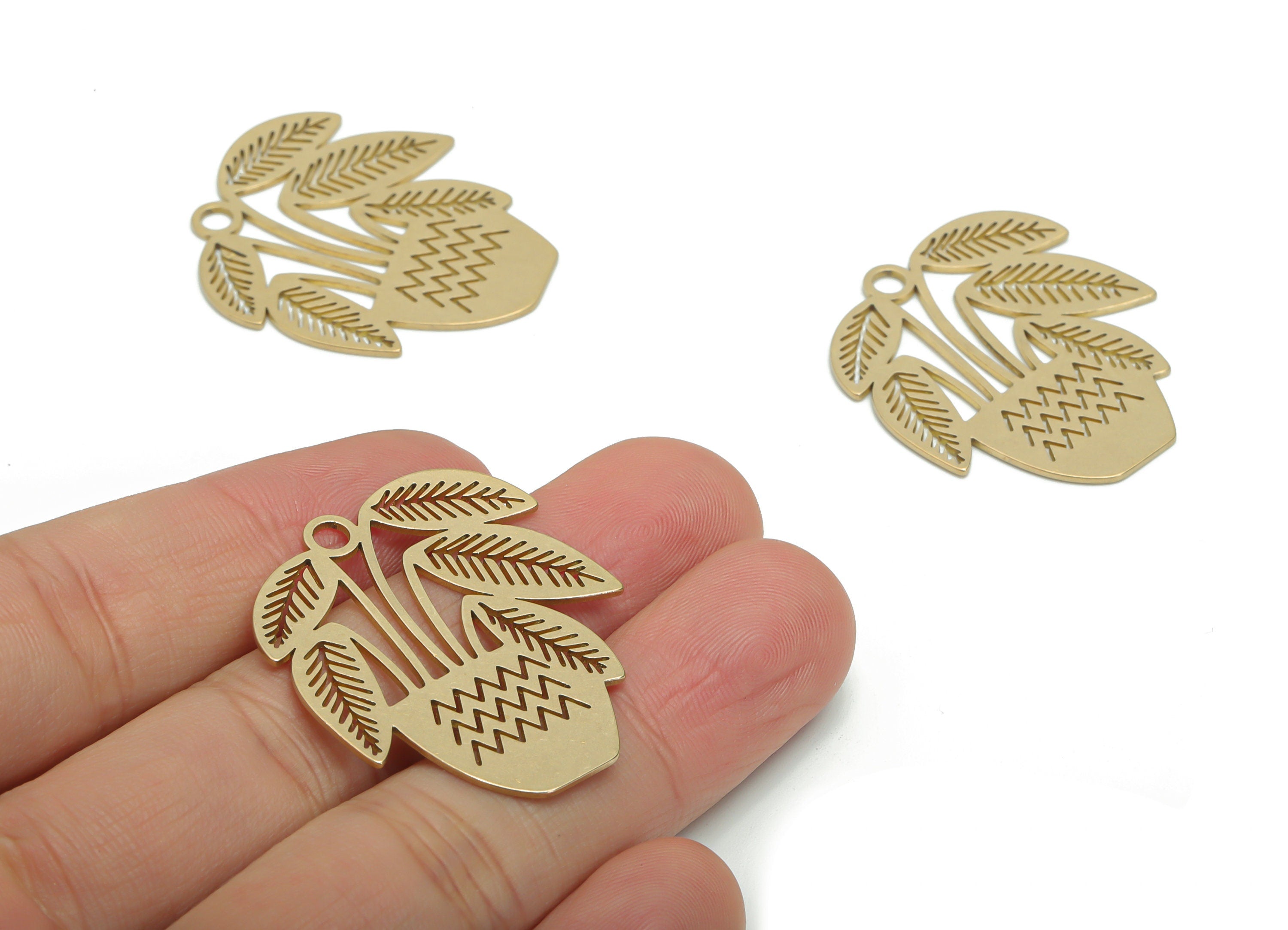 Brass Waves Leaf Earring Charms - Raw Brass Flowerpot Potted Plant Vase Pendant - Jewelry Making Supplies - 35.38x31.79x0.77mm - PPA0147 - DOMEDBAZAAR