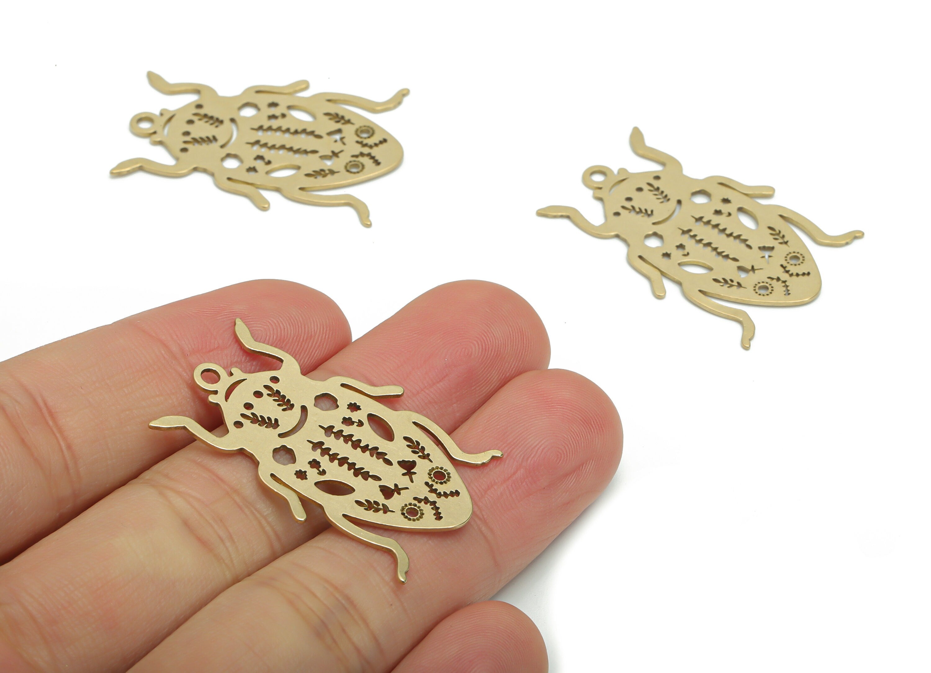 Brass Beetle Leaf Flower Earring Charms - Raw Brass Insect Sun Pendant - Jewelry Making Supplies - 34.68x23.5x0.66mm - PPA0171 - DOMEDBAZAAR