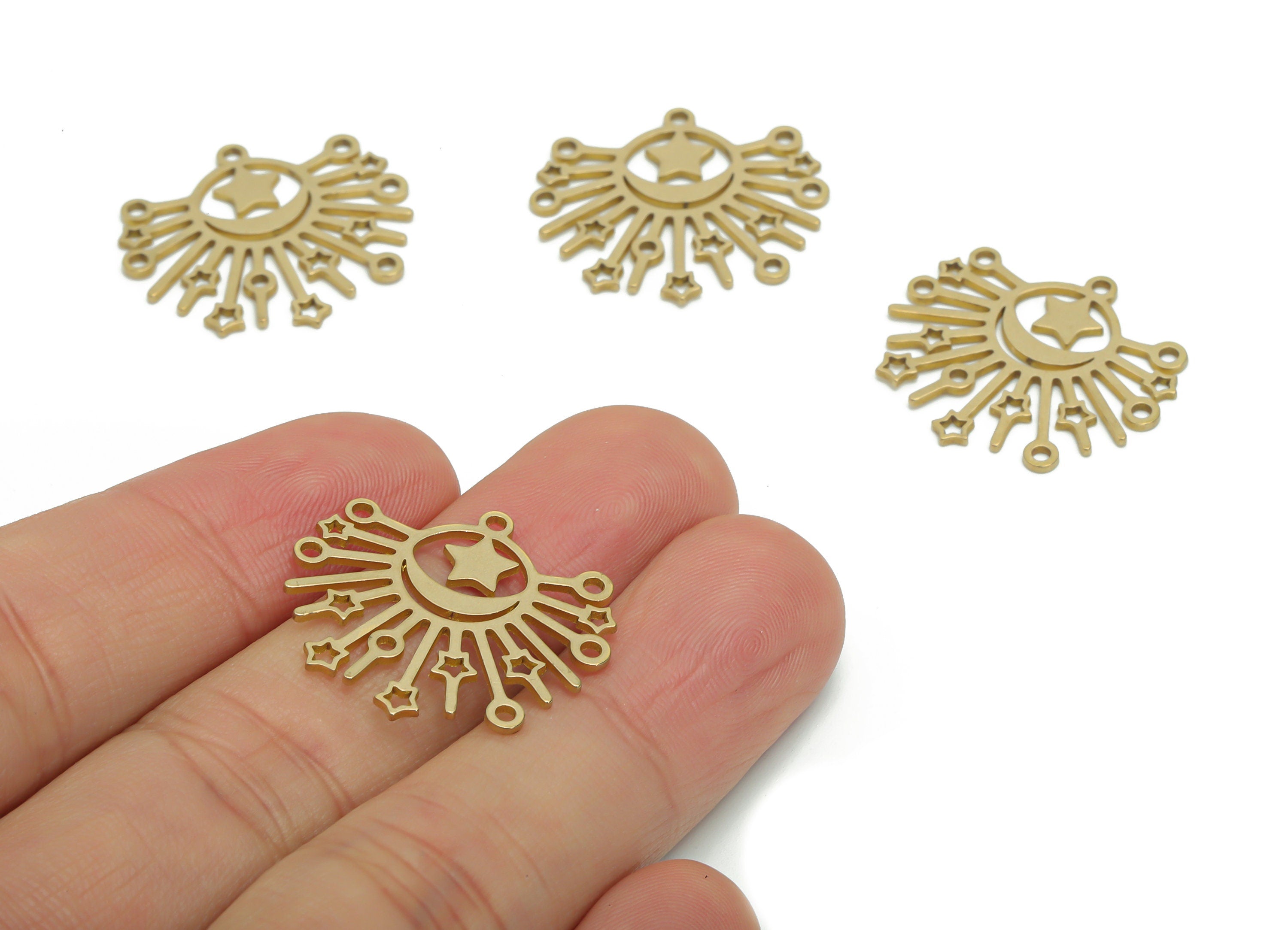 Brass Sun Planet Crescent Earring Charms - Raw Brass Star Moon Pendant - Jewelry Making Supplies - 24.45x22.71x0.78mm - PPZ0018 - DOMEDBAZAAR