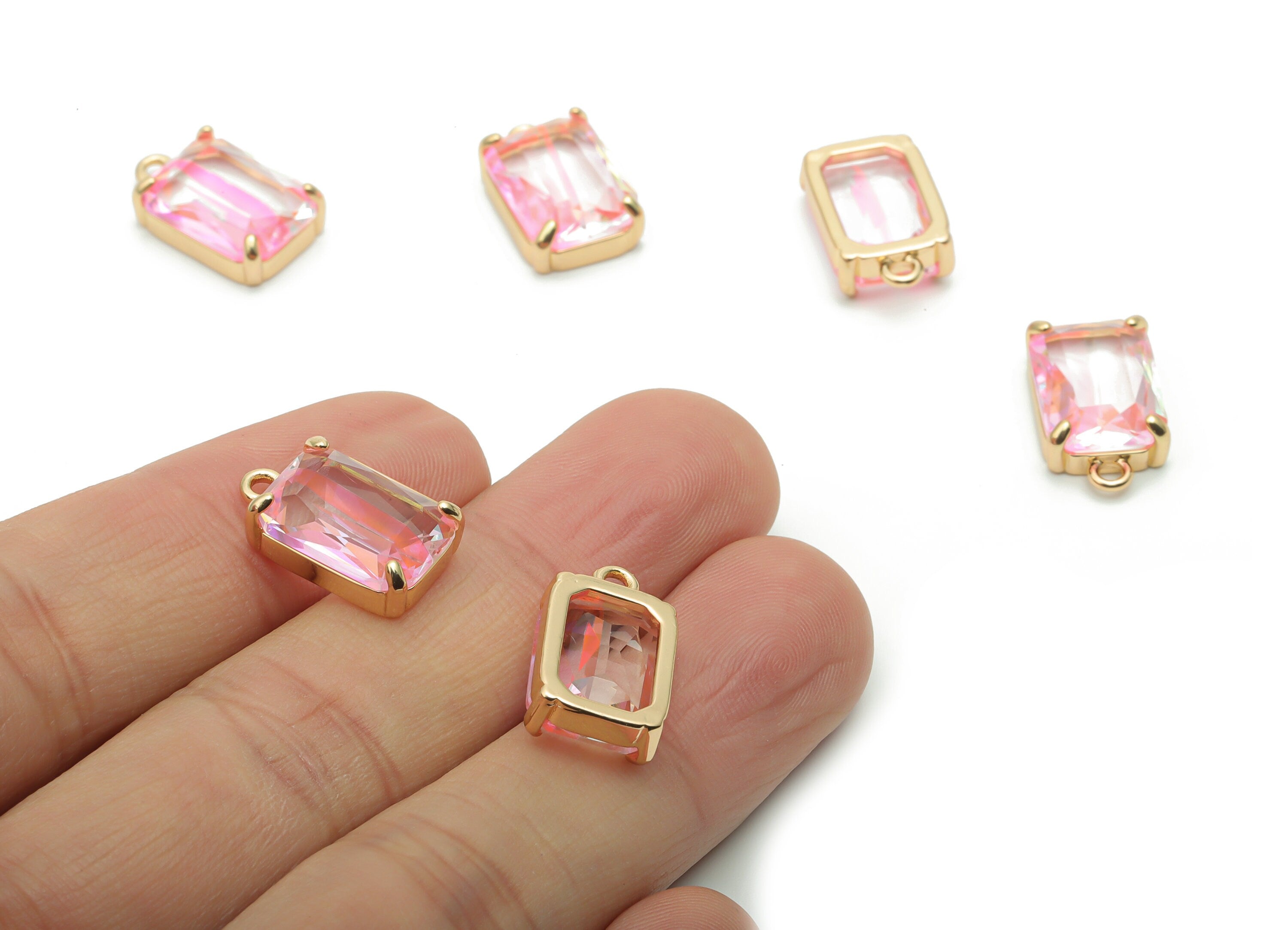 Glass Square Earring Charms with Loop - Brass Frame Square Pendant - Gold Tone Plated Brass – Faceted Glass – 17.05x10.18x5.31mm – GS1129A - DOMEDBAZAAR