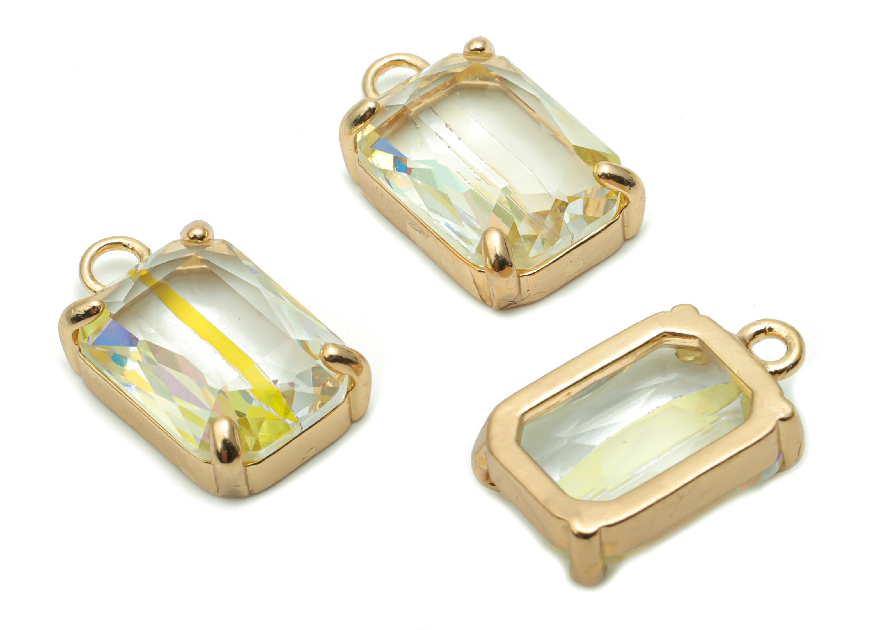 Glass Square Earring Charms with Loop - Brass Frame Square Pendant - Gold Tone Plated Brass – Faceted Glass – 16.83x10.07x5.55mm – GS1129B - DOMEDBAZAAR