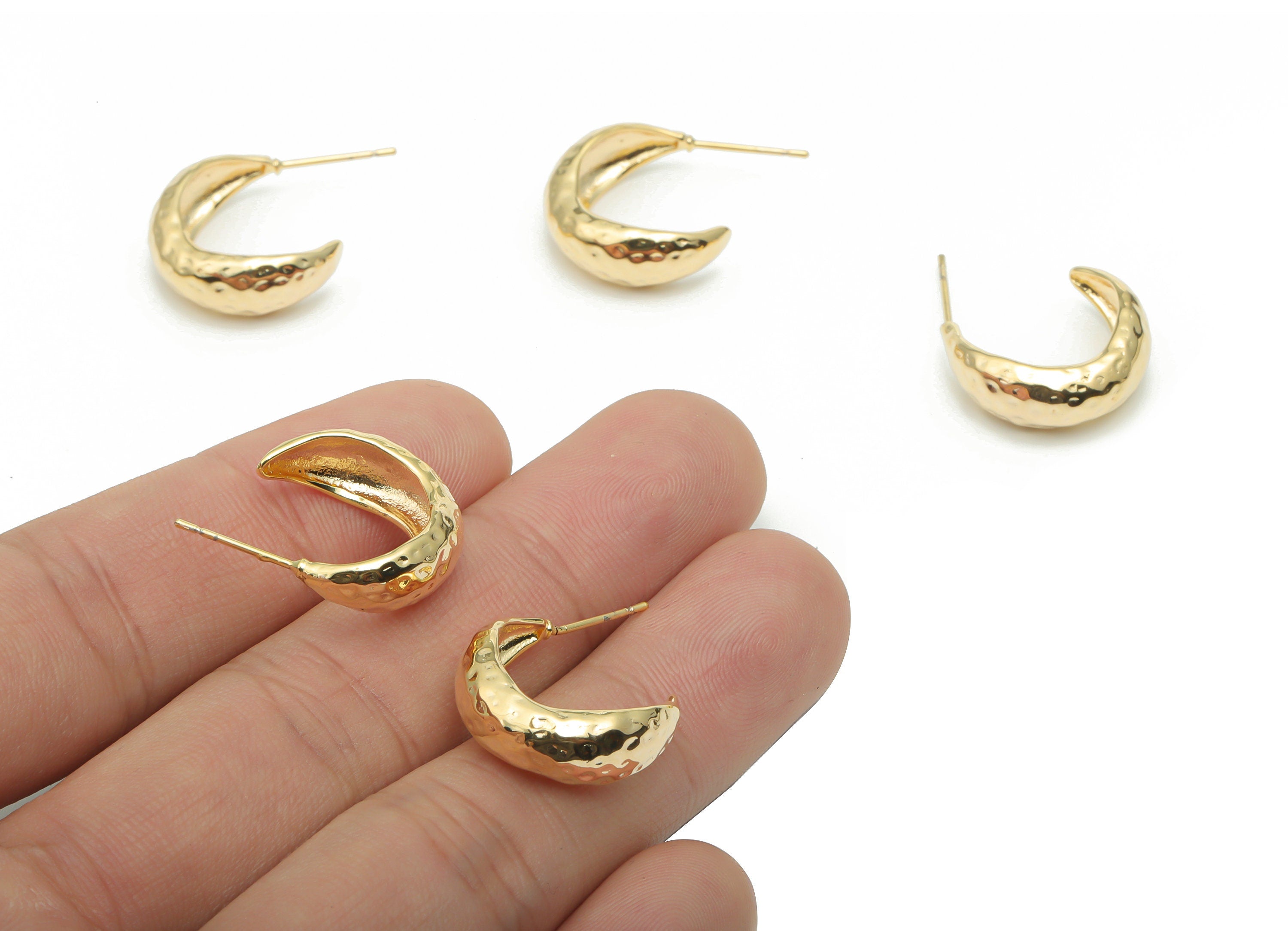 Brass Hammered C Earring Post - Gold C Stud - 18K Real Gold Plated Brass - 316 Surgical Stainless Steel Stud - 18.62x15.87x1.2mm - RGP4281 - DOMEDBAZAAR