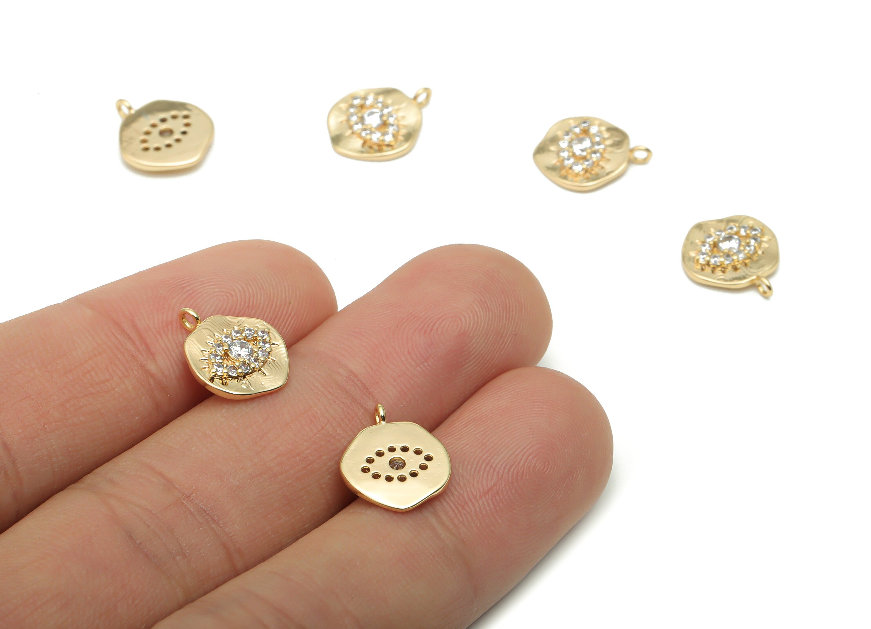 Brass Mini Round Eye Charms With Zircons - Gold Eyelashes Pendant - Jewelry Supplies - 18K Real Gold Plated Brass - 12.7x10.6x2.2mm -RGP4286 - DOMEDBAZAAR