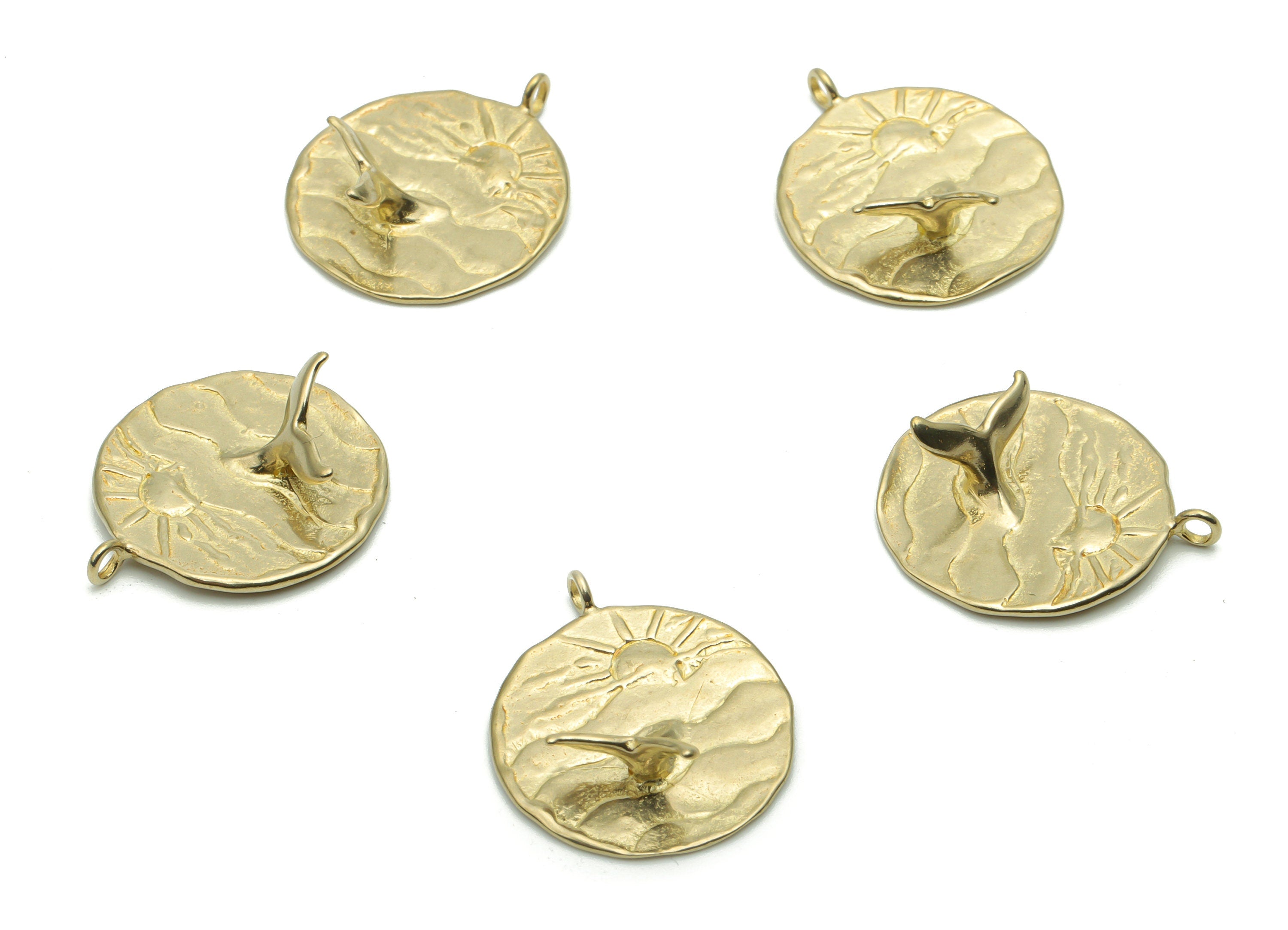 Brass Hammered Round Sea Sparkle Earring Charms - Raw Brass Sun Waves Fish Tail Pendant - Relief Fish Tail Charm - 20.81x18.2x6.9mm - PP5088 - DOMEDBAZAAR