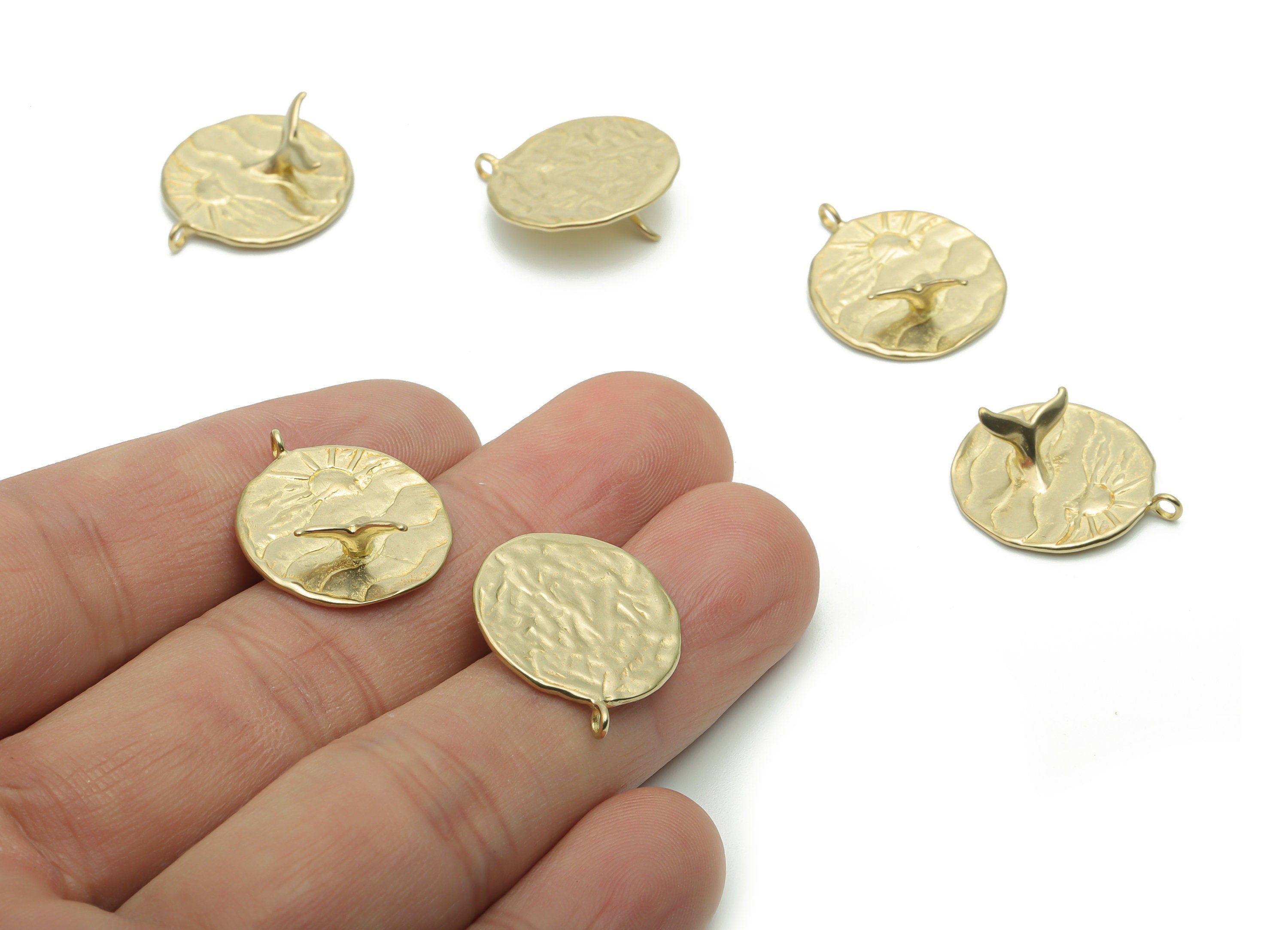 Brass Hammered Round Sea Sparkle Earring Charms - Raw Brass Sun Waves Fish Tail Pendant - Relief Fish Tail Charm - 20.81x18.2x6.9mm - PP5088 - DOMEDBAZAAR