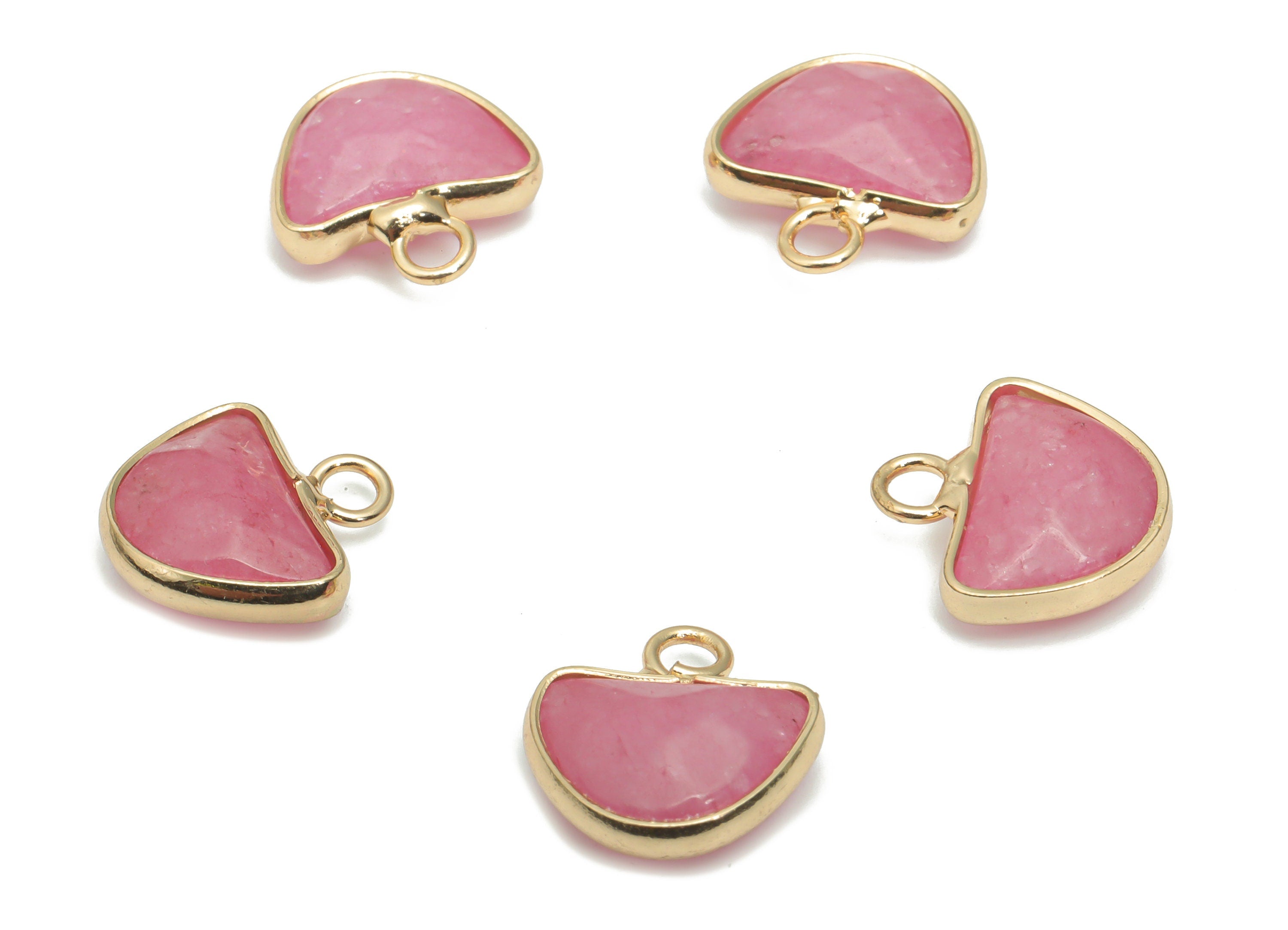 Pink Jade Domed Charms - Brass Semicircle Pendant - Natural Stone - Gold Tone Plated Brass – Jewelry Supplies - 13.58x13.4x5.3mm–NS1605A - DOMEDBAZAAR
