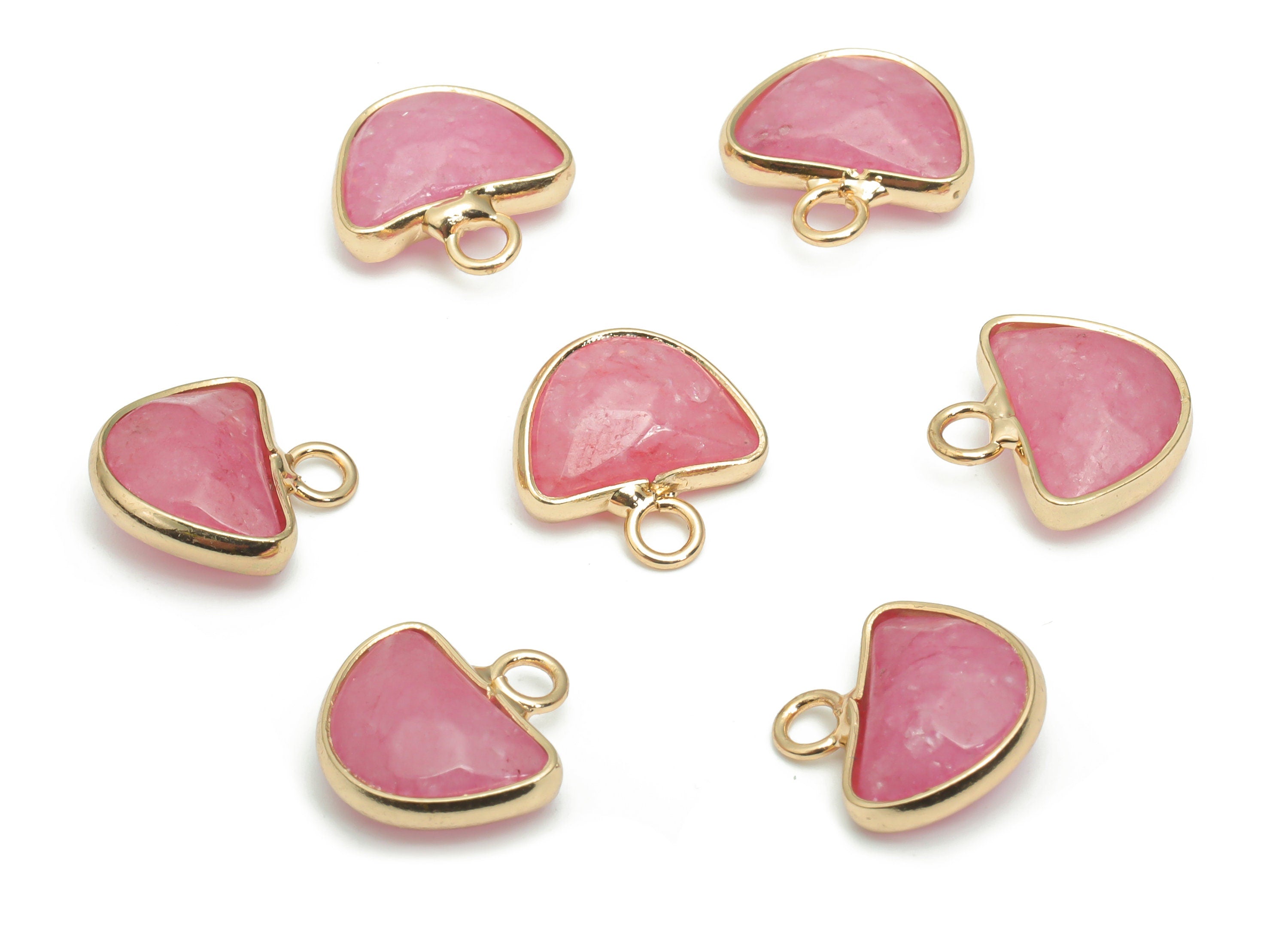 Pink Jade Domed Charms - Brass Semicircle Pendant - Natural Stone - Gold Tone Plated Brass – Jewelry Supplies - 13.58x13.4x5.3mm–NS1605A - DOMEDBAZAAR