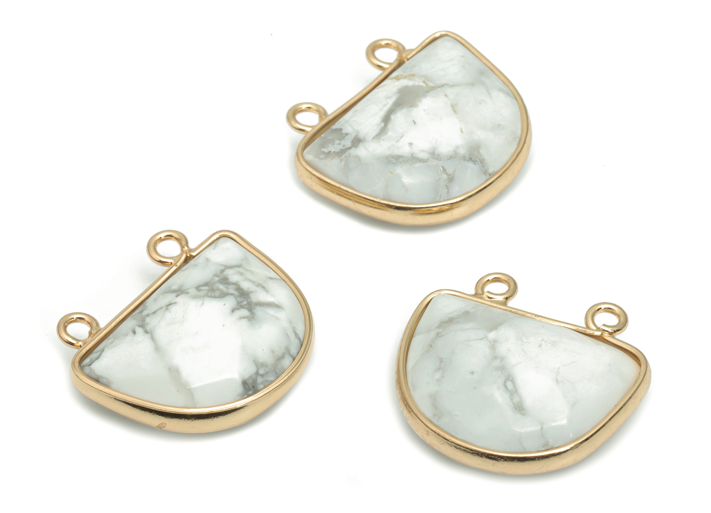 Howlite Domed Faceted Stone Earring Connectors - Brass Semicircle Charms and Pendant - Gold Tone Plated Brass – 17.62x16.62x6.36mm – NS1607A - DOMEDBAZAAR