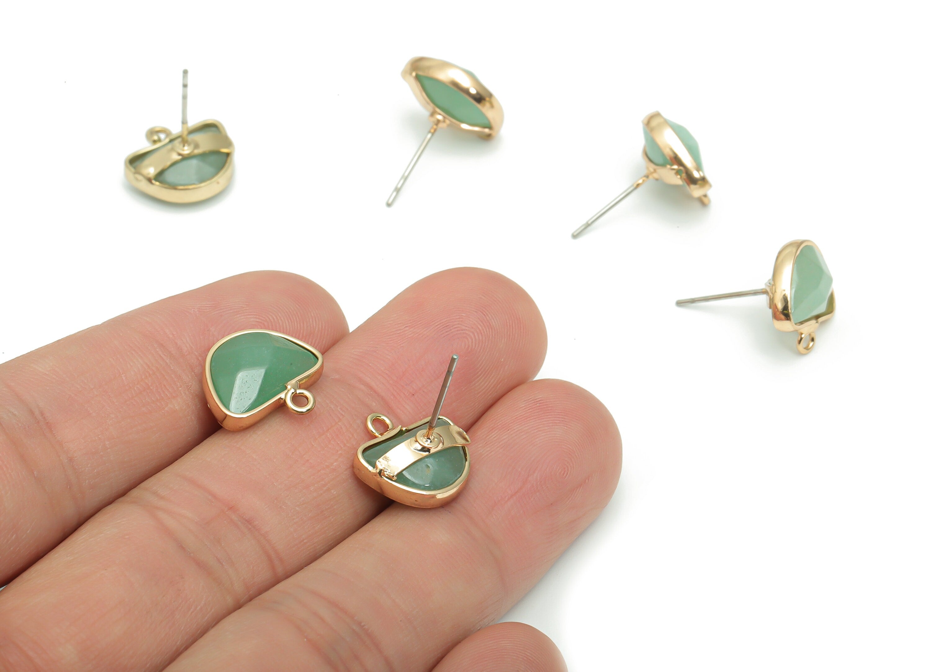 Aventurine Semicircle Earring Stud With Loop - Brass Domed Post - Gold Tone Plated Brass – Stainless Steel Stud - 13.25x12.5x5.9mm – NS1600A - DOMEDBAZAAR
