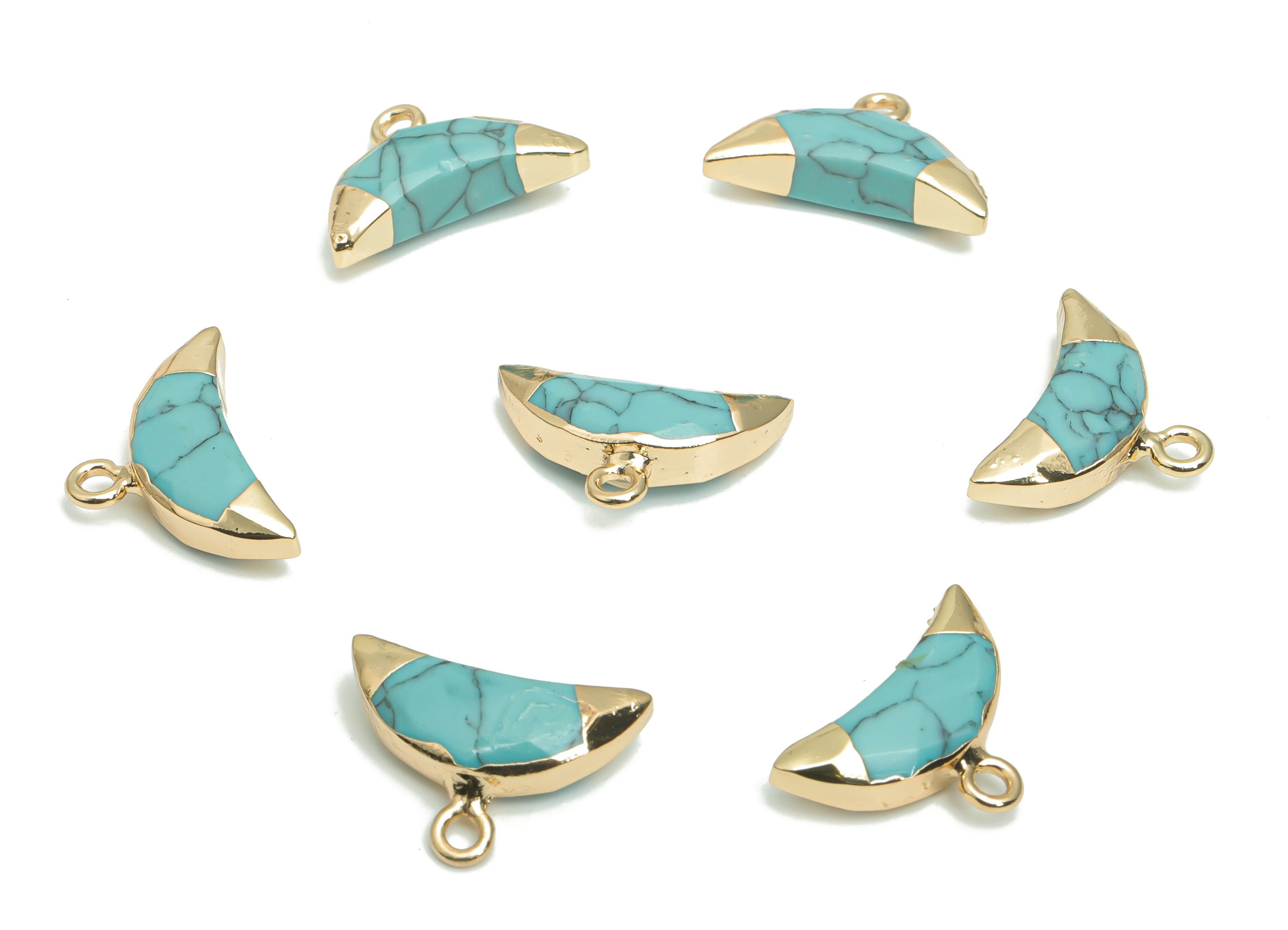 Blue Turquoise Crescent Horn Earring Charms - Brass Moon Pendant - Natural Stone - Gold Tone Plated Brass – 18.32x13.43x4.74mm – NS1617B - DOMEDBAZAAR