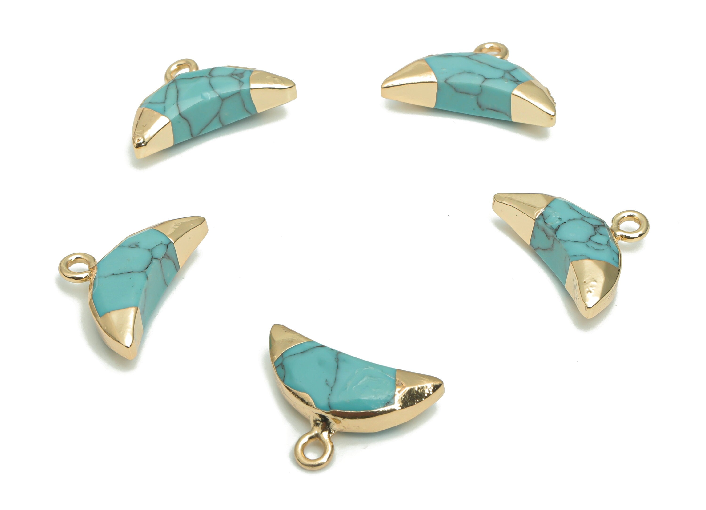 Blue Turquoise Crescent Horn Earring Charms - Brass Moon Pendant - Natural Stone - Gold Tone Plated Brass – 18.32x13.43x4.74mm – NS1617B - DOMEDBAZAAR