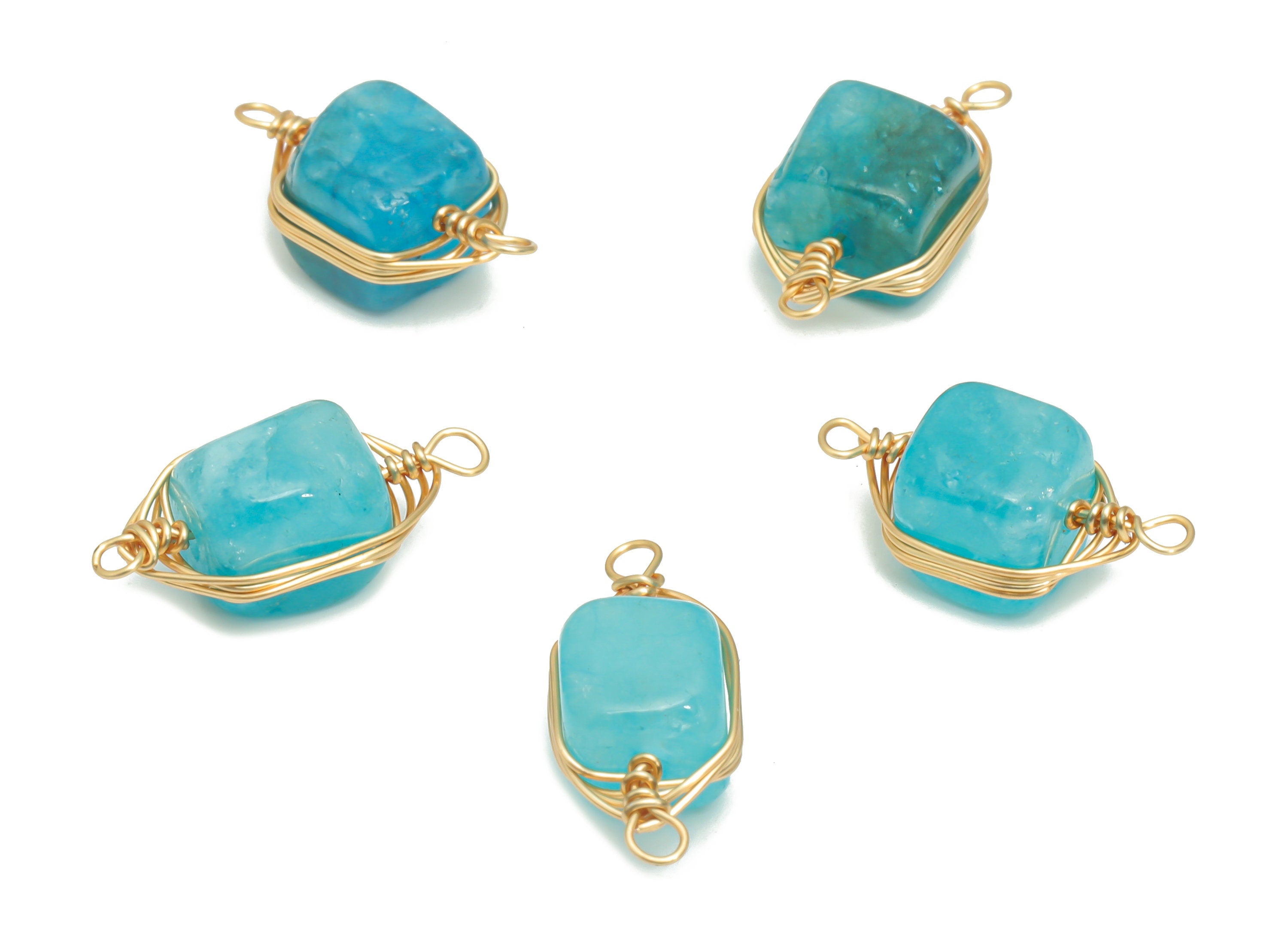 White Jade and Blue Earring Connector - Brass Square Charms - Brass Wire Wrapped - Gold Tone Plated Brass – 18.32x7.8x7mm – NS1613C - DOMEDBAZAAR