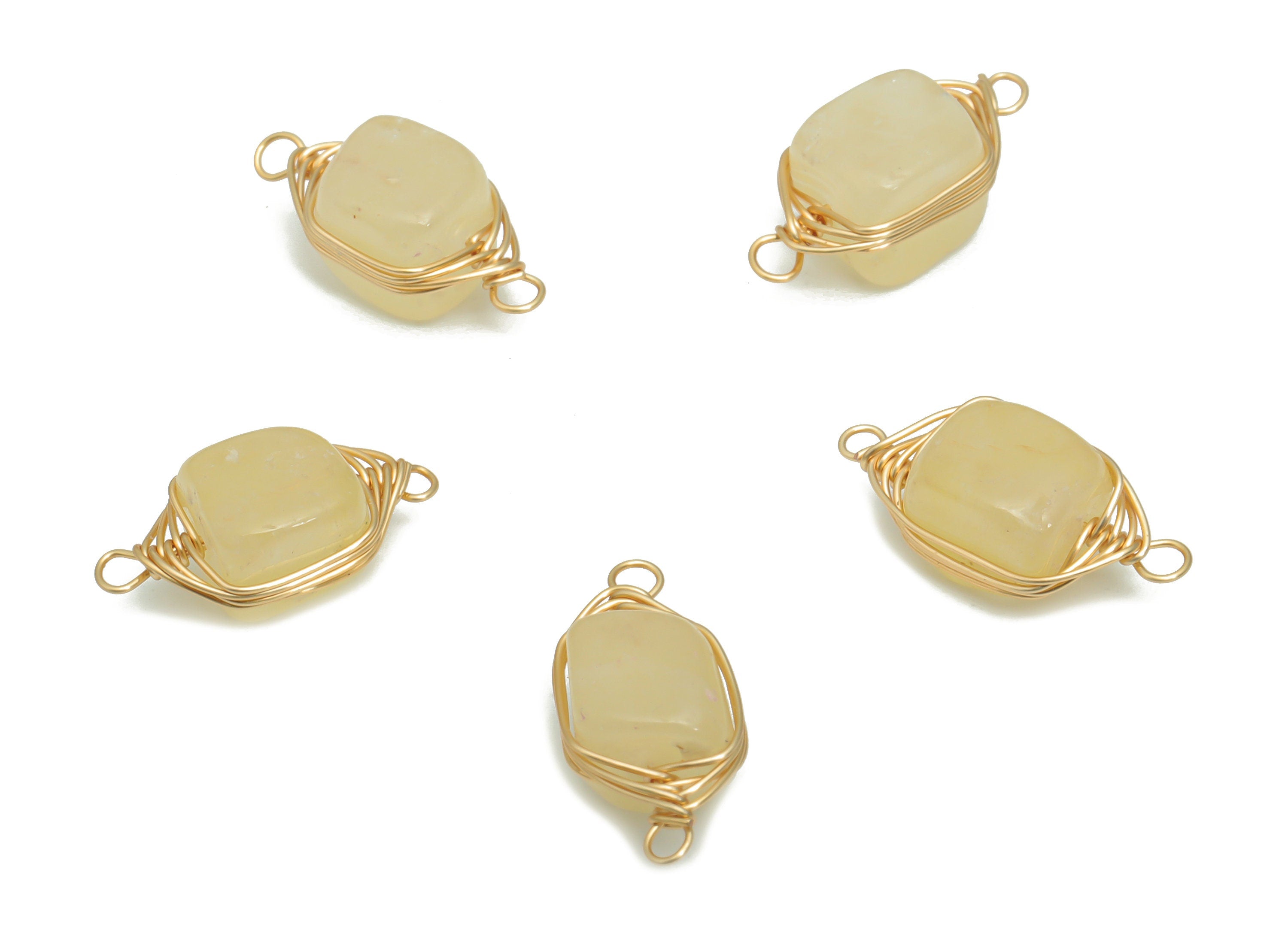 Yellow Jade Stone Earring Connector - Brass Square Charms - Brass Wire Wrapped - Gold Tone Plated Brass – 18.3x7.8x7mm –NS1613A - DOMEDBAZAAR