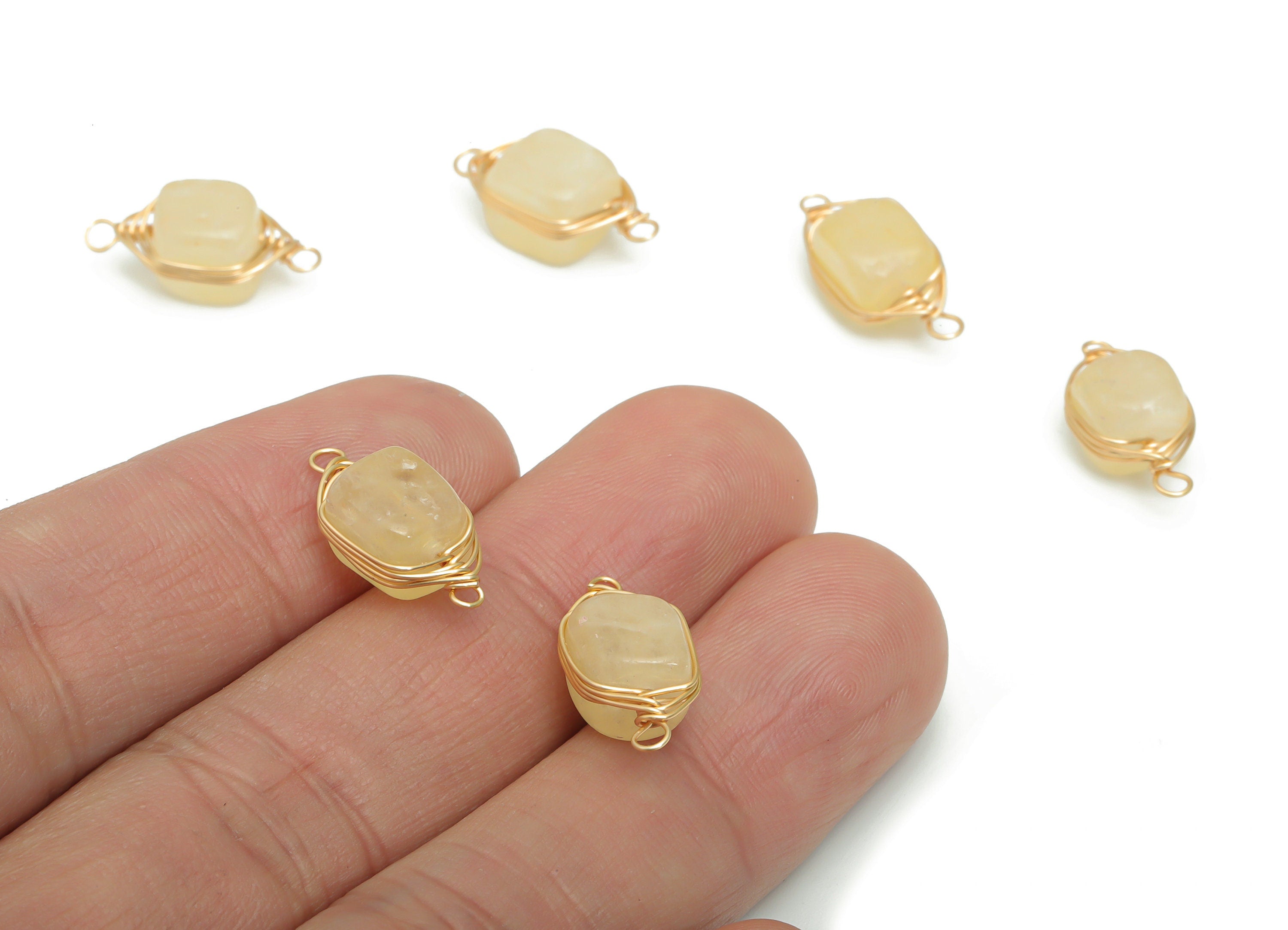 Yellow Jade Stone Earring Connector - Brass Square Charms - Brass Wire Wrapped - Gold Tone Plated Brass – 18.3x7.8x7mm –NS1613A - DOMEDBAZAAR