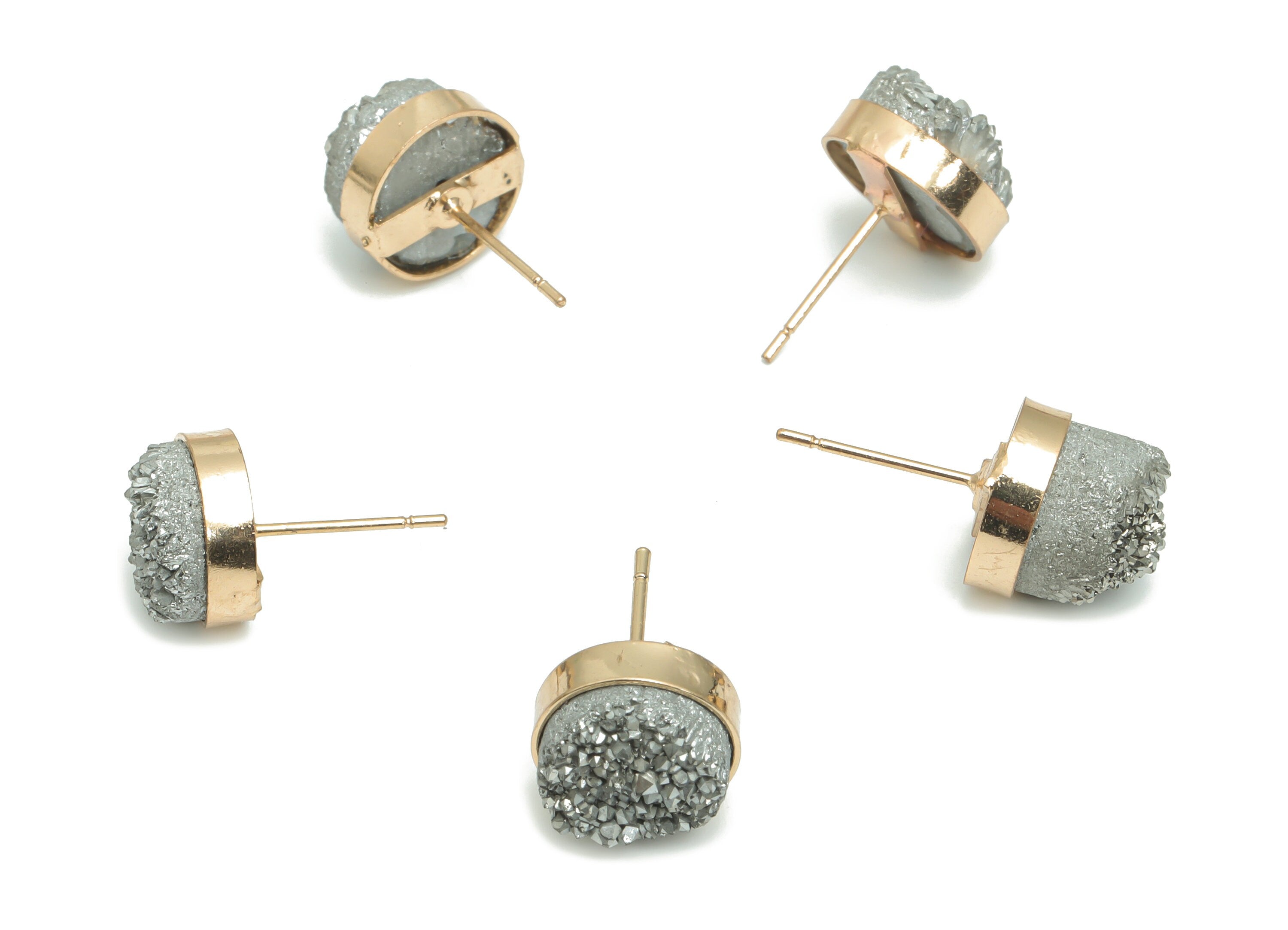 Druzy Dyed Quartz Crystal Round Stud With Loop - Brass Circle Post - Gold Tone Plated Brass – Stainless Steel Stud - 11.43x11.43x8mm– NS1616 - DOMEDBAZAAR