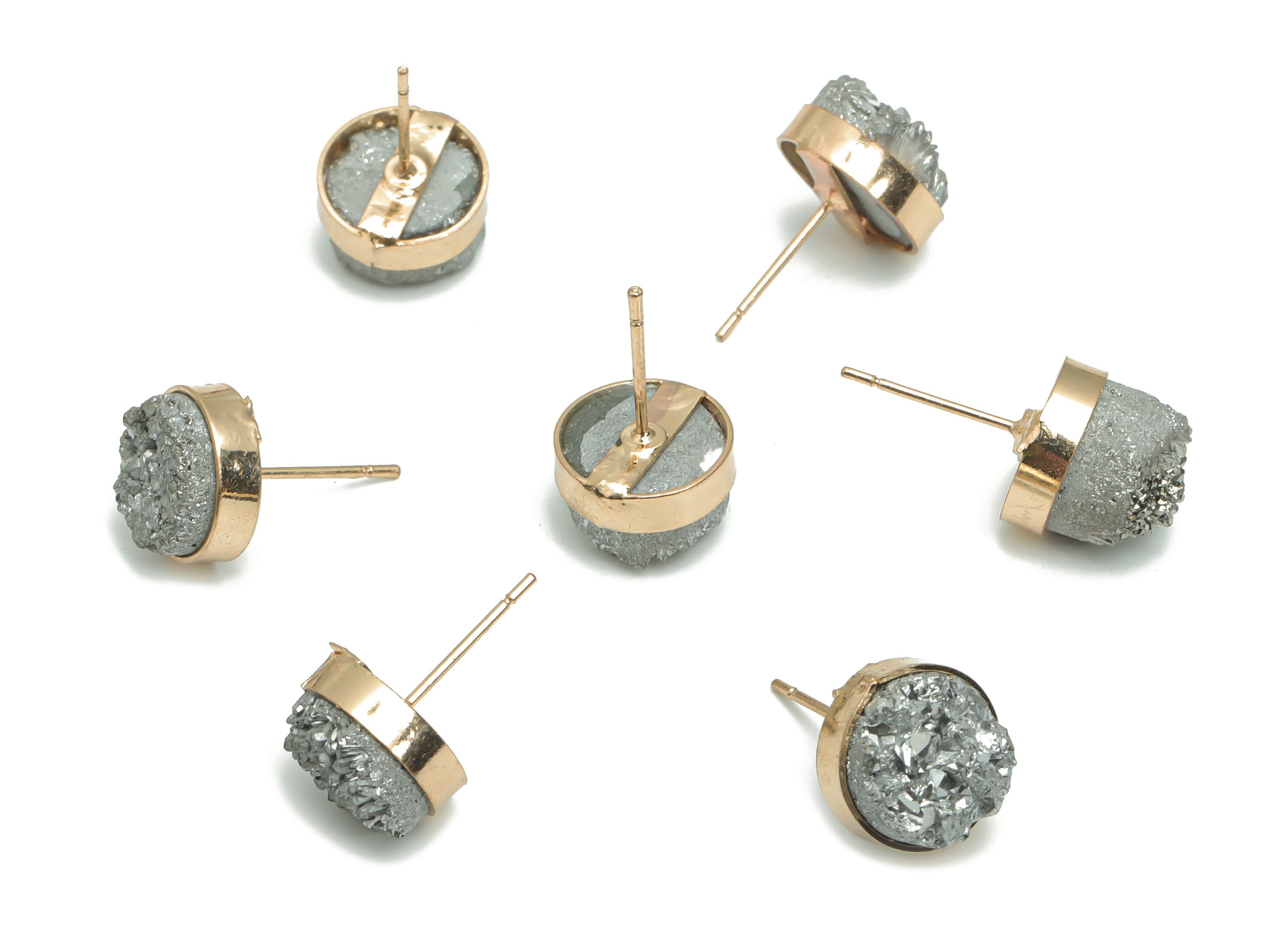 Druzy Dyed Quartz Crystal Round Stud With Loop - Brass Circle Post - Gold Tone Plated Brass – Stainless Steel Stud - 11.43x11.43x8mm– NS1616 - DOMEDBAZAAR