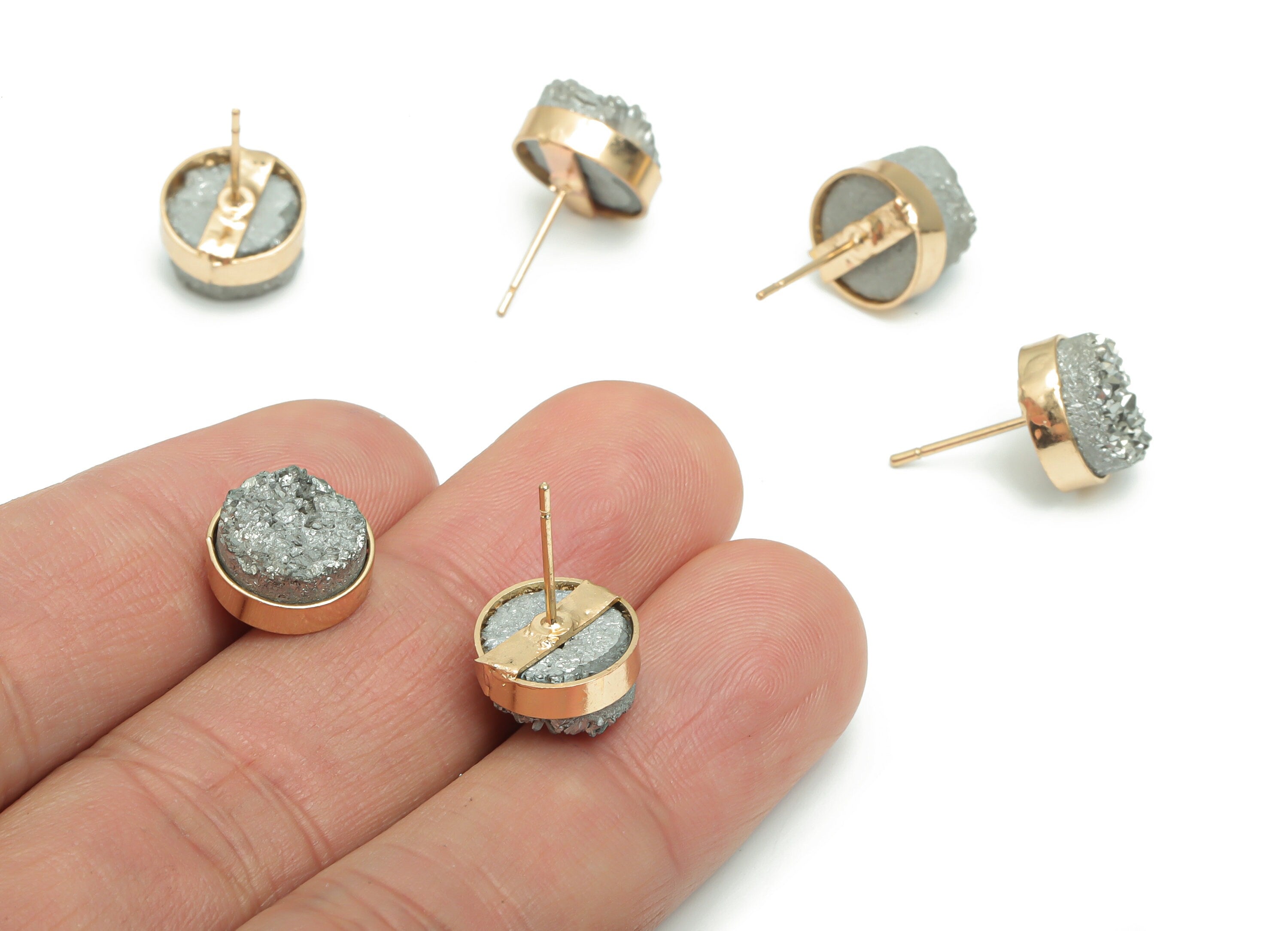 Druzy Dyed Quartz Crystal Round Stud With Loop - Brass Circle Post - Gold Tone Plated Brass – Stainless Steel Stud - 11.43x11.43x8mm– NS1616 - DOMEDBAZAAR