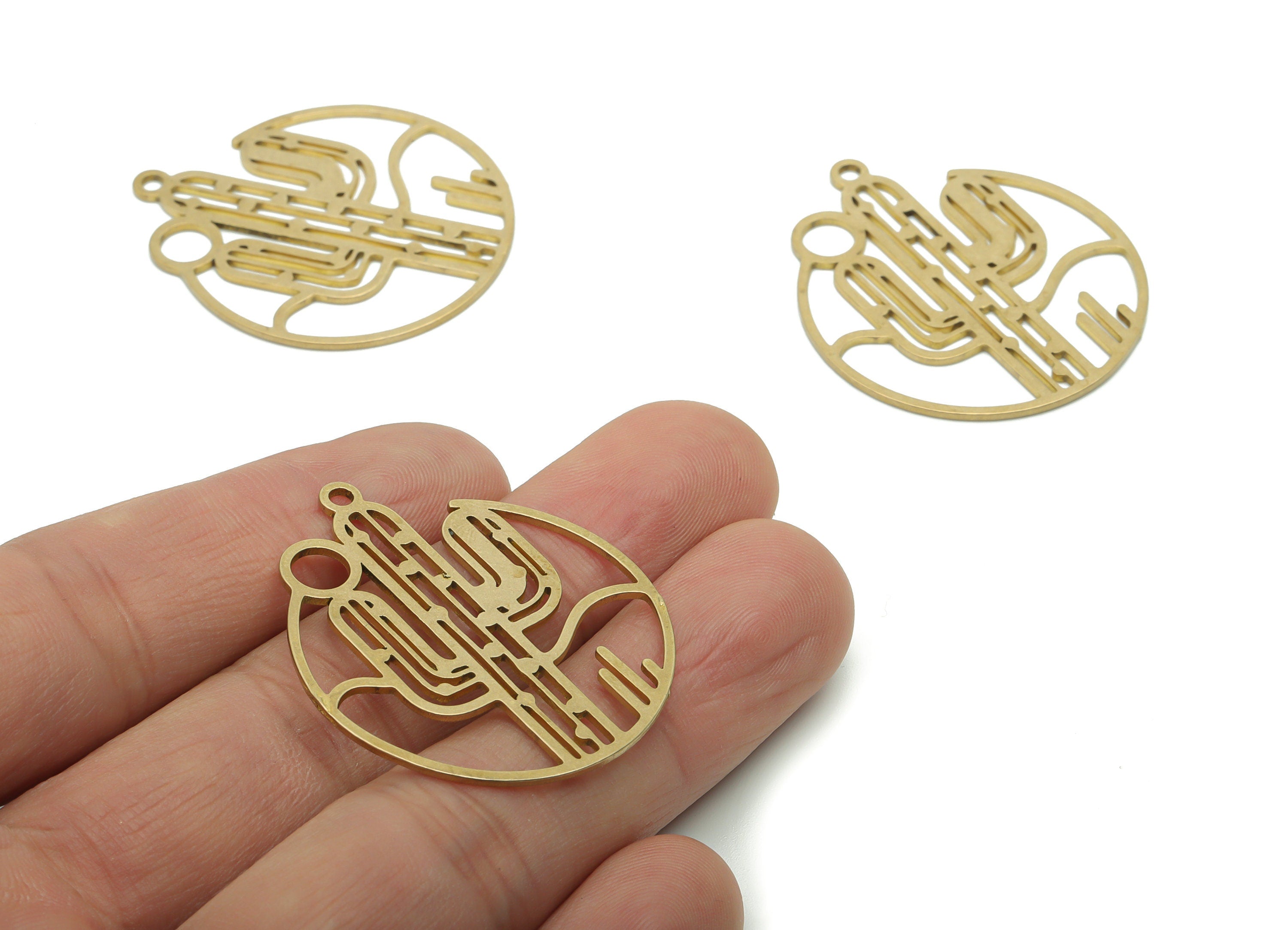 Brass Round Cactus Earring Charms - Raw Brass Cactus Circle Pendant - Jewelry Making Supplies - 37.66x32.82x0.96mm - PPA1253 - DOMEDBAZAAR