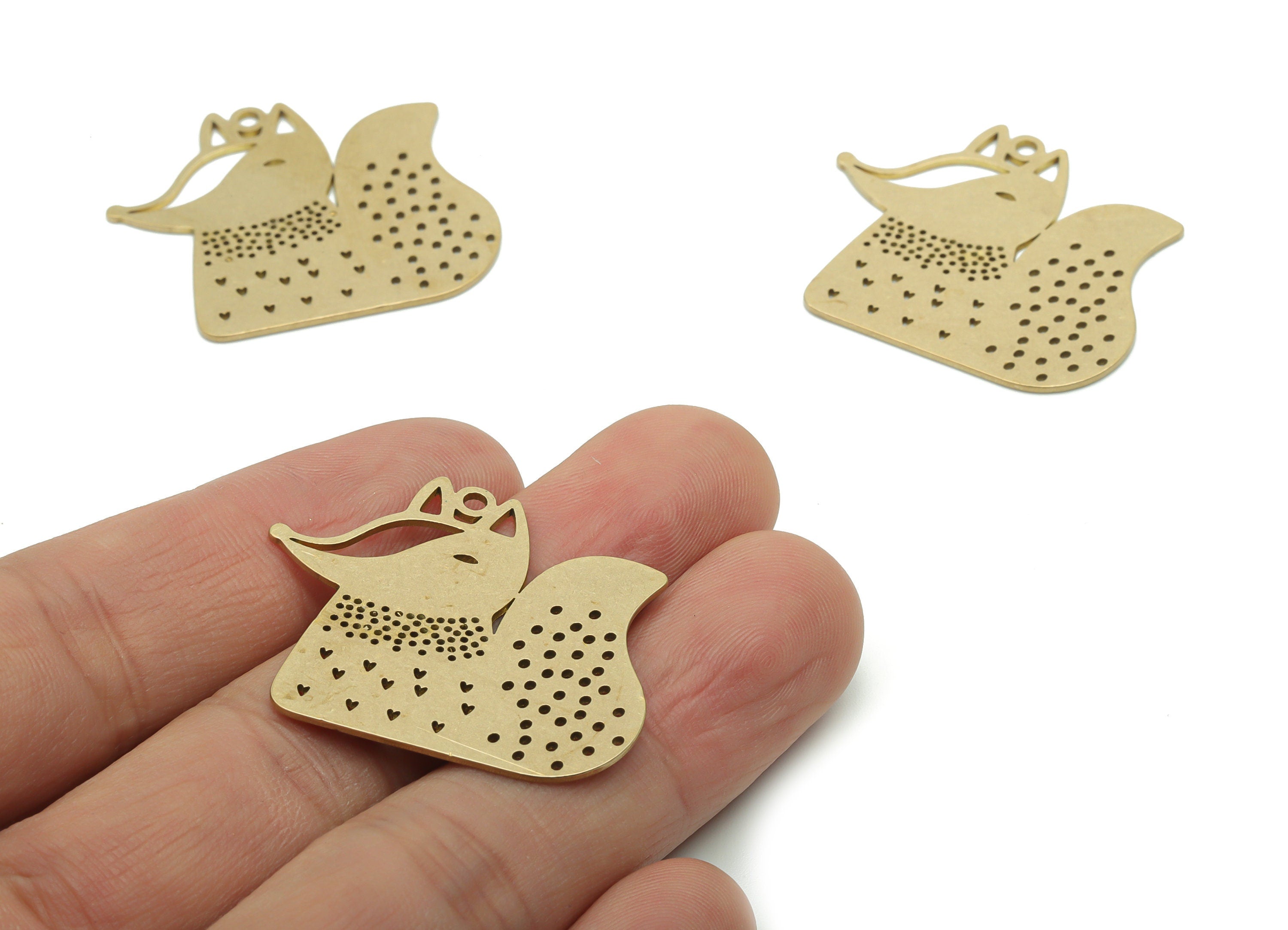 Brass Bubble Heart Fox Earring Charms - Raw Brass Bubble Heart Fox Pendant - DIY Jewelry Making Supplies - 34.15x29.63x0.74mm - PPA1145 - DOMEDBAZAAR