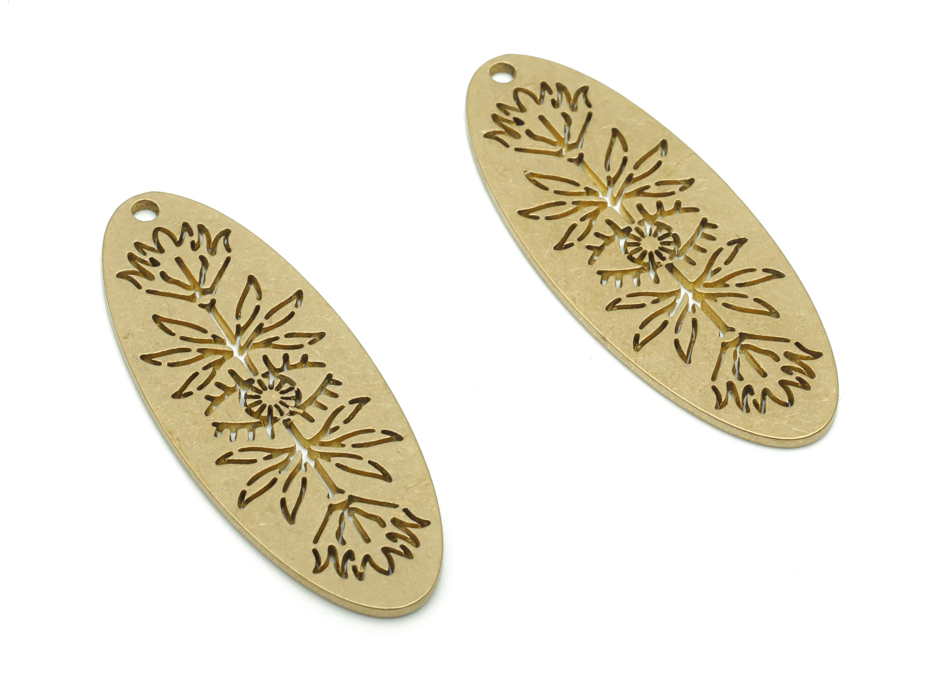 Brass Oval Eye Flowers Earring Charms - Raw Brass Oval Sun Pendant - Jewelry Making Supplies - 34.66x13.53x0.84mm - PPA1017 - DOMEDBAZAAR