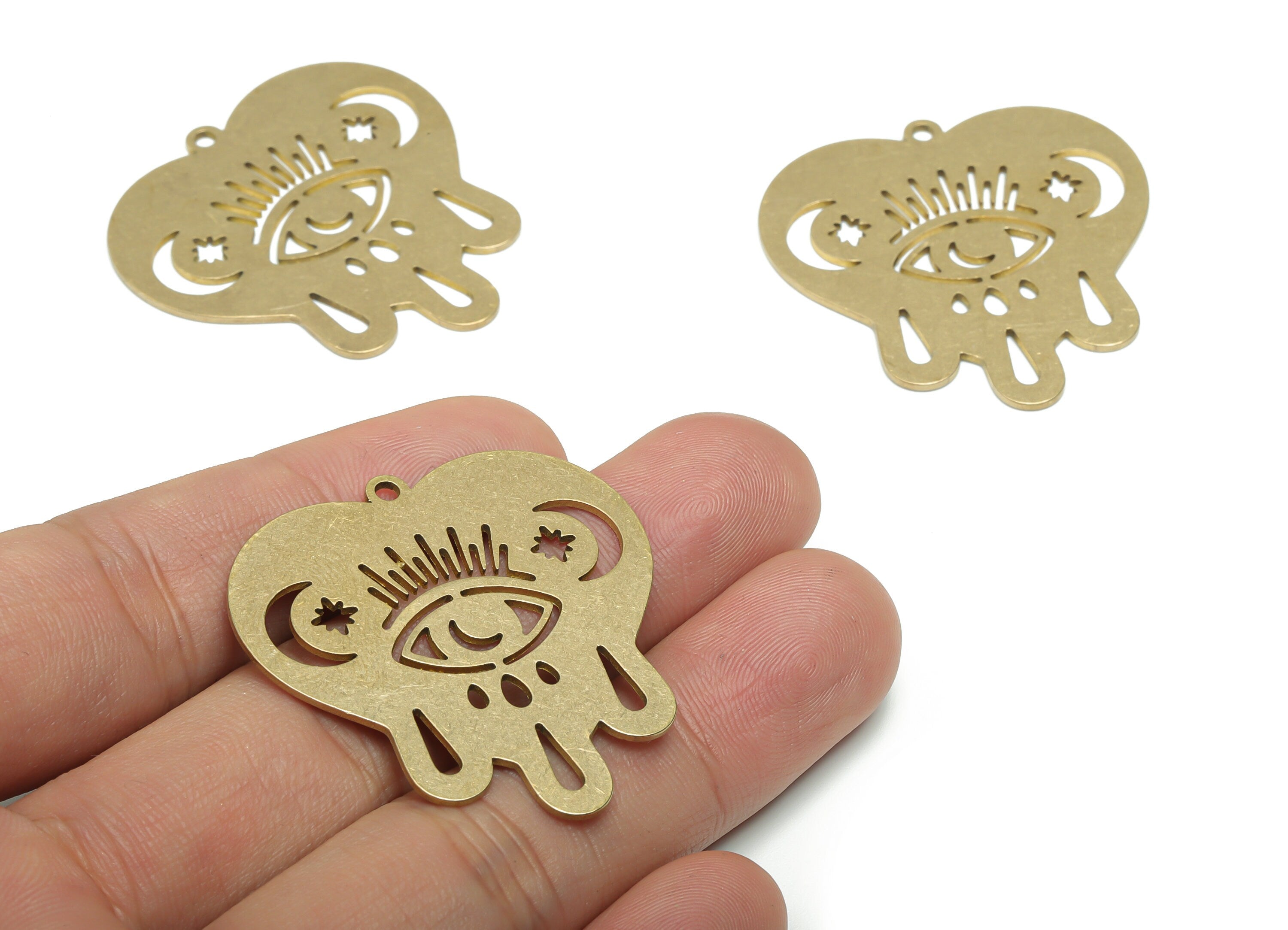 Brass Heart Eye Planet Earring Charms - Raw Brass Moon Star Drop Pendant - DIY Jewelry Making Supplies - 38.45x37.78x0.87mm - PPZ0068 - DOMEDBAZAAR
