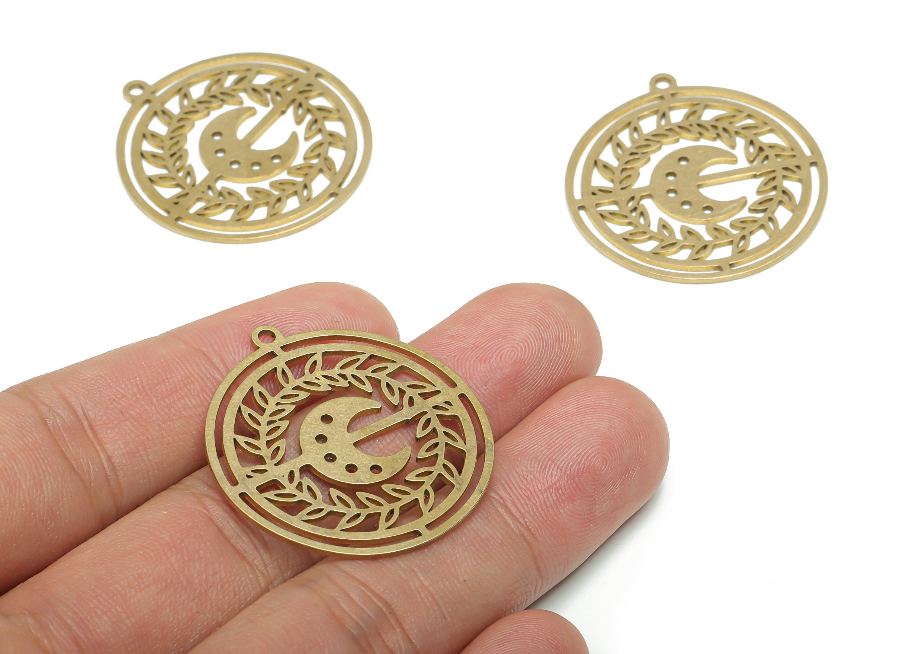 Brass Round Branch Moon Earring Charms - Raw Brass Crescent Circle Pendant - DIY Jewelry Making Supplies - 34.79x32.05x0.85mm - PPA1281 - DOMEDBAZAAR