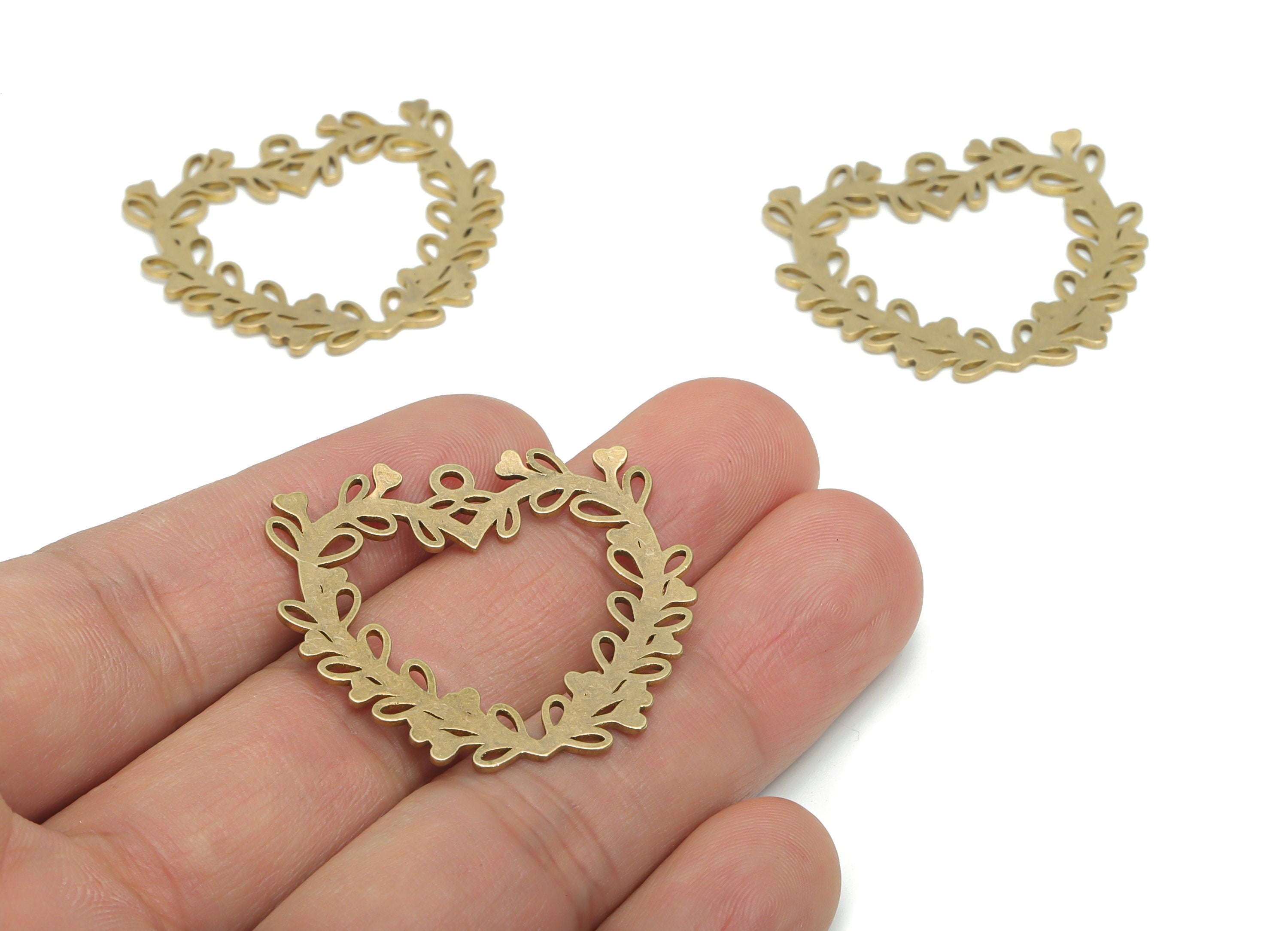 Brass Heart Branch Earring Charms - Raw Brass Branch Heart Hoop Pendant - Jewelry Making Supplies - 35.88x33.02x0.94mm - PPA2231 - DOMEDBAZAAR