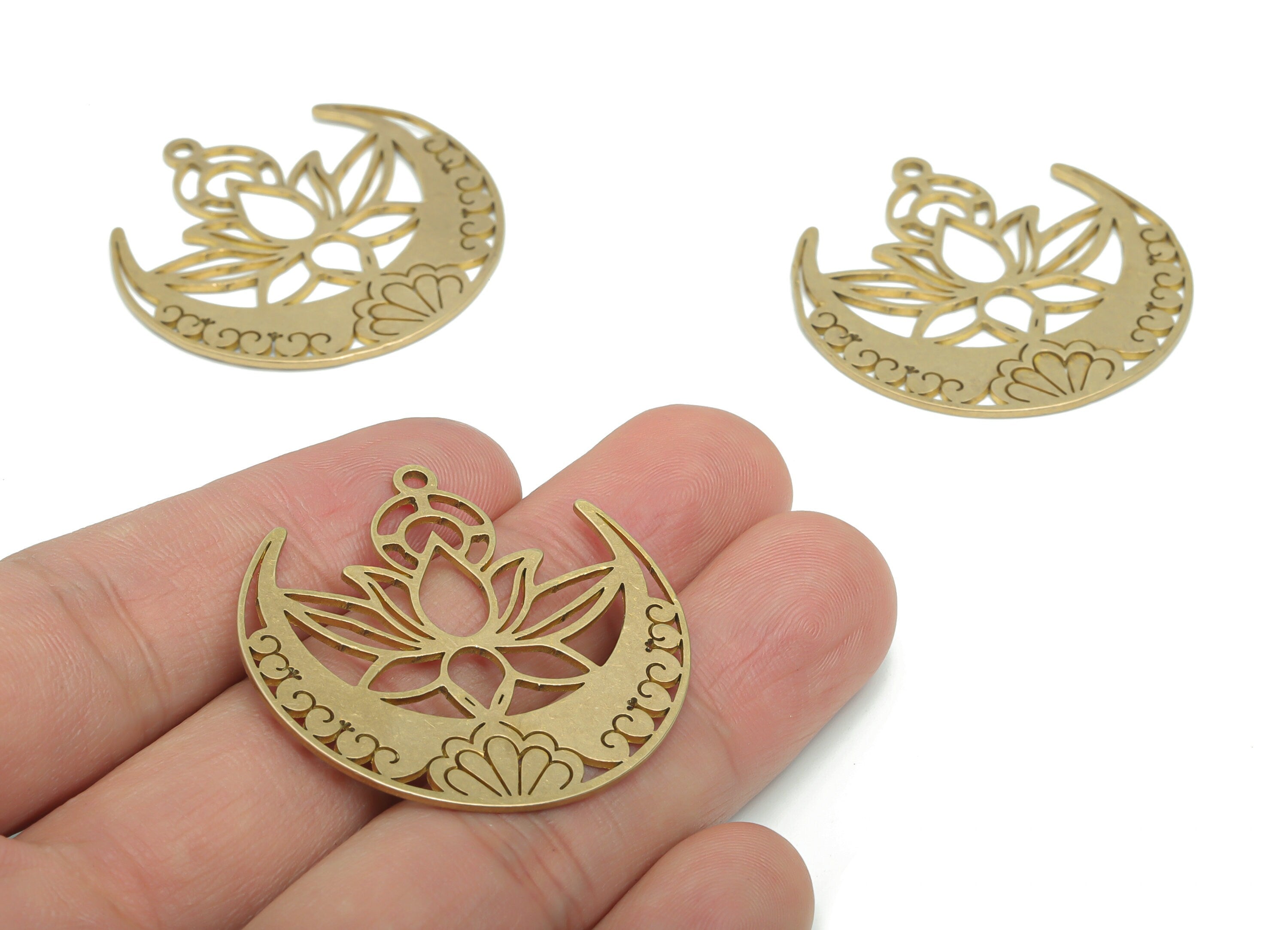 Brass Crescent Lotus Earring Charms - Raw Brass Moon Heart Flower Pendant - DIY Jewelry Making Supplies - 37.48x37.43x0.9mm - PPA1430 - DOMEDBAZAAR