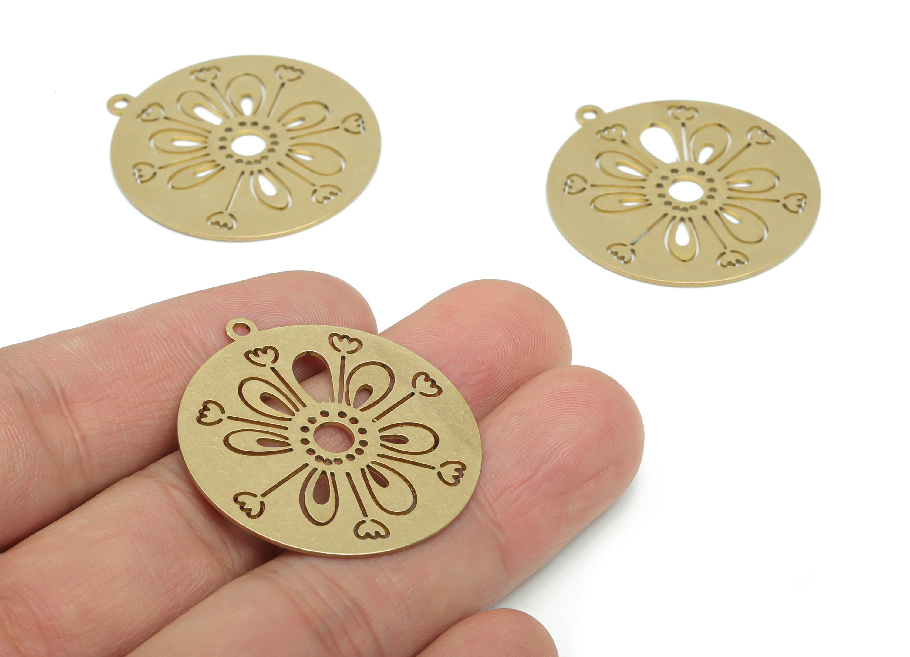 Brass Round Flower Lotus Earring Charms - Raw Brass Sun Circle Pendant - DIY Jewelry Making Supplies - 35.81x32.97x0.65mm - PPA2286 - DOMEDBAZAAR