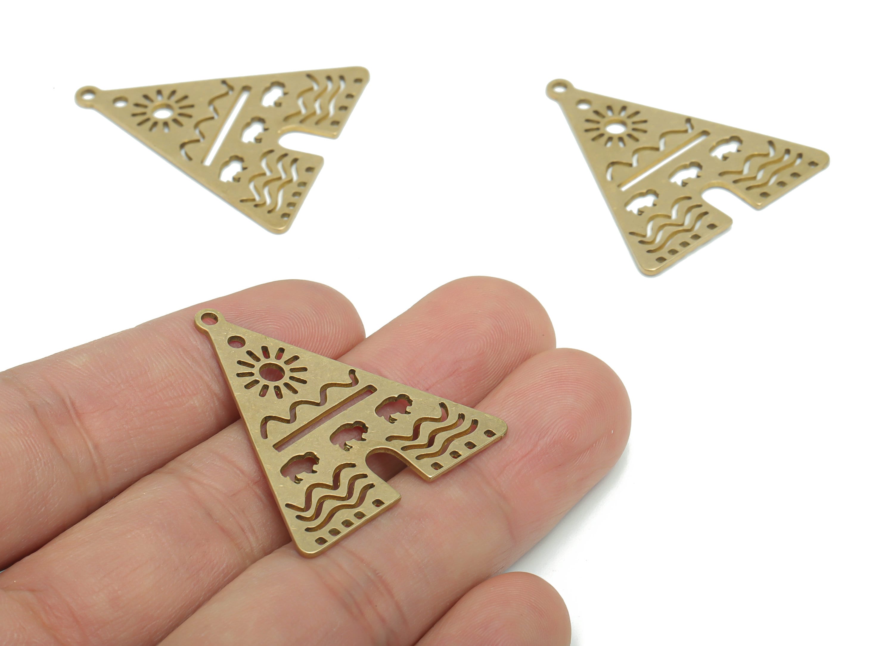 Brass Pyramid Sun Earring Charms - Raw Brass Triangle Cloud Waves Pendant - Jewelry Making Supplies - 35.88x32.47x0.84mm - PPA1970 - DOMEDBAZAAR