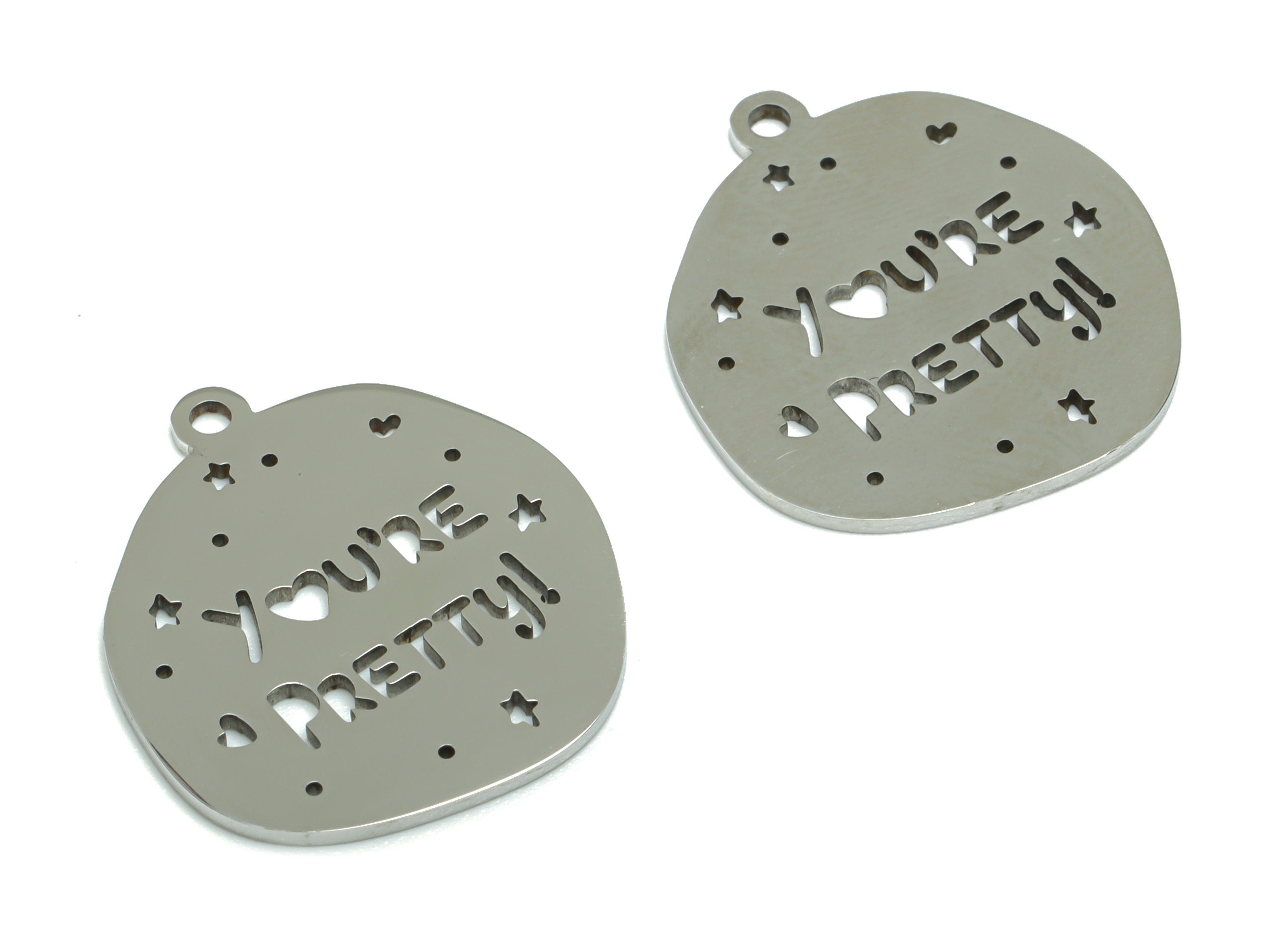 Stainless Steel You ’Re Pretty!Earring Charms - Stainless Steel Phrase Words Star Heart Pendant - 22.01x19.65x0.9mm - SSZS0010 - DOMEDBAZAAR