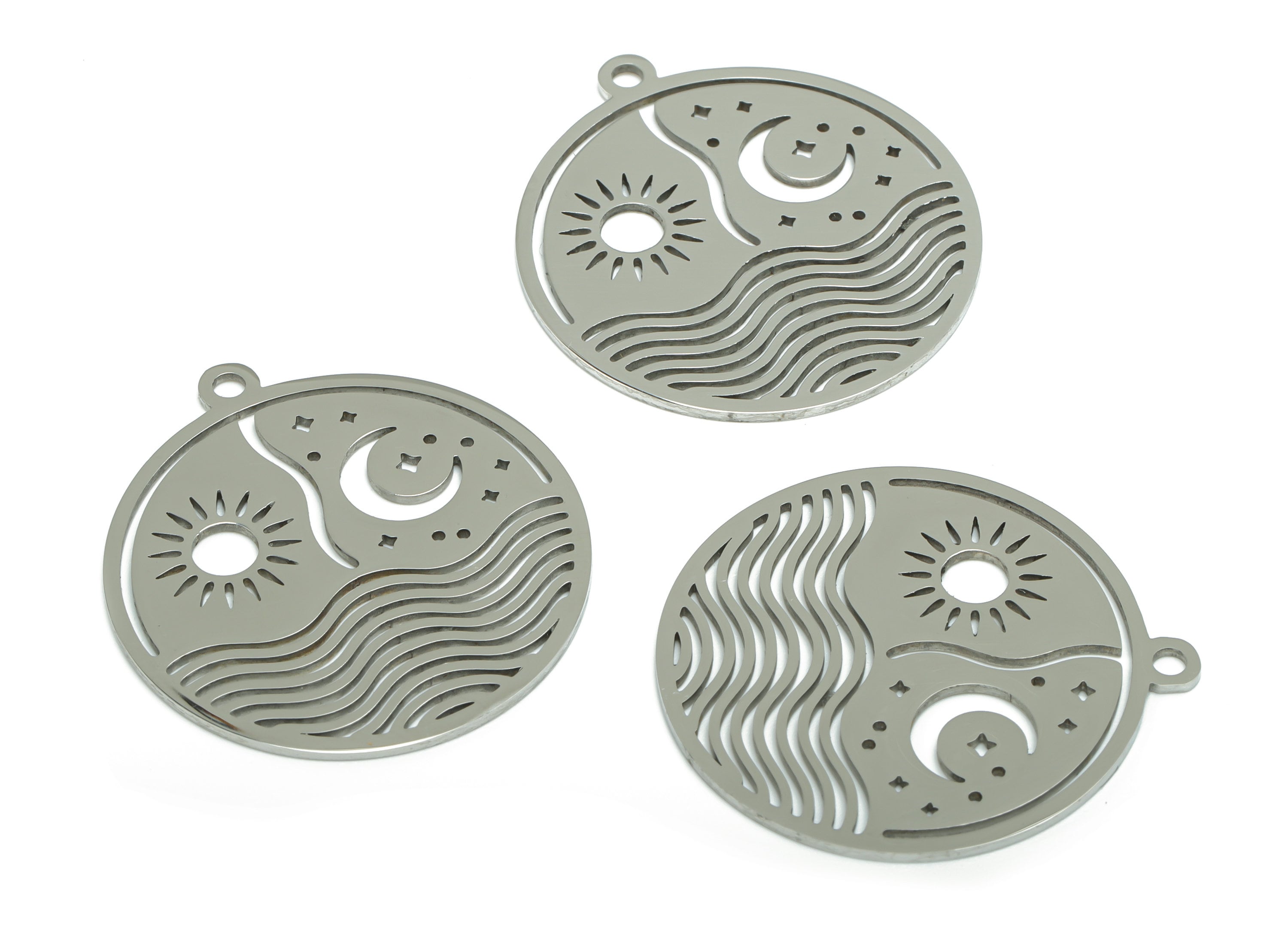 Stainless Steel Round Sun Moon Star Waves Charms - Stainless Steel The Sun Shines On The Sea Pendant - 32.6x29.8x0.9mm-SSZS0020 - DOMEDBAZAAR