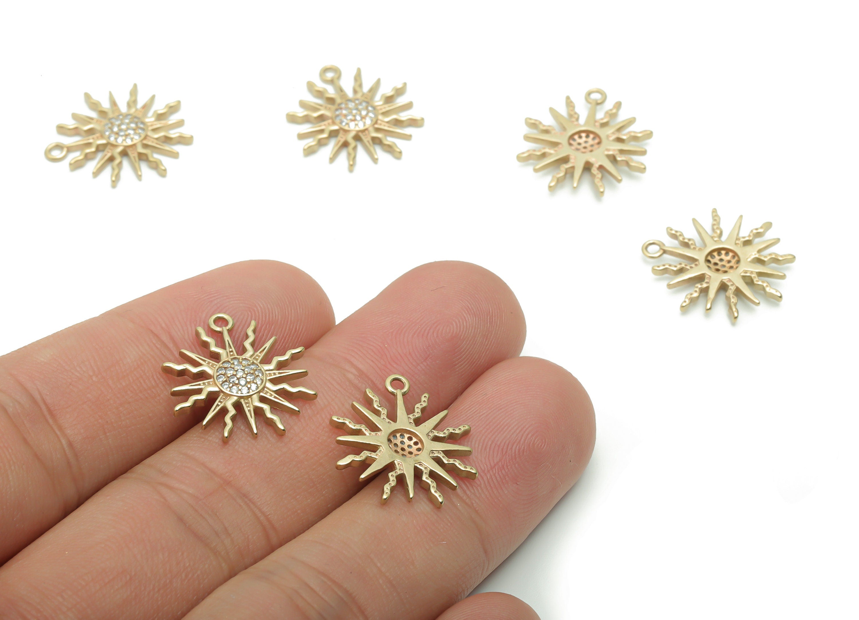 Brass Sun Earring Charms With Zircons - Raw Brass Sun Pendant - Jewelry Making Supplies - 18.75x16.15x2.26mm - PP5098 - DOMEDBAZAAR