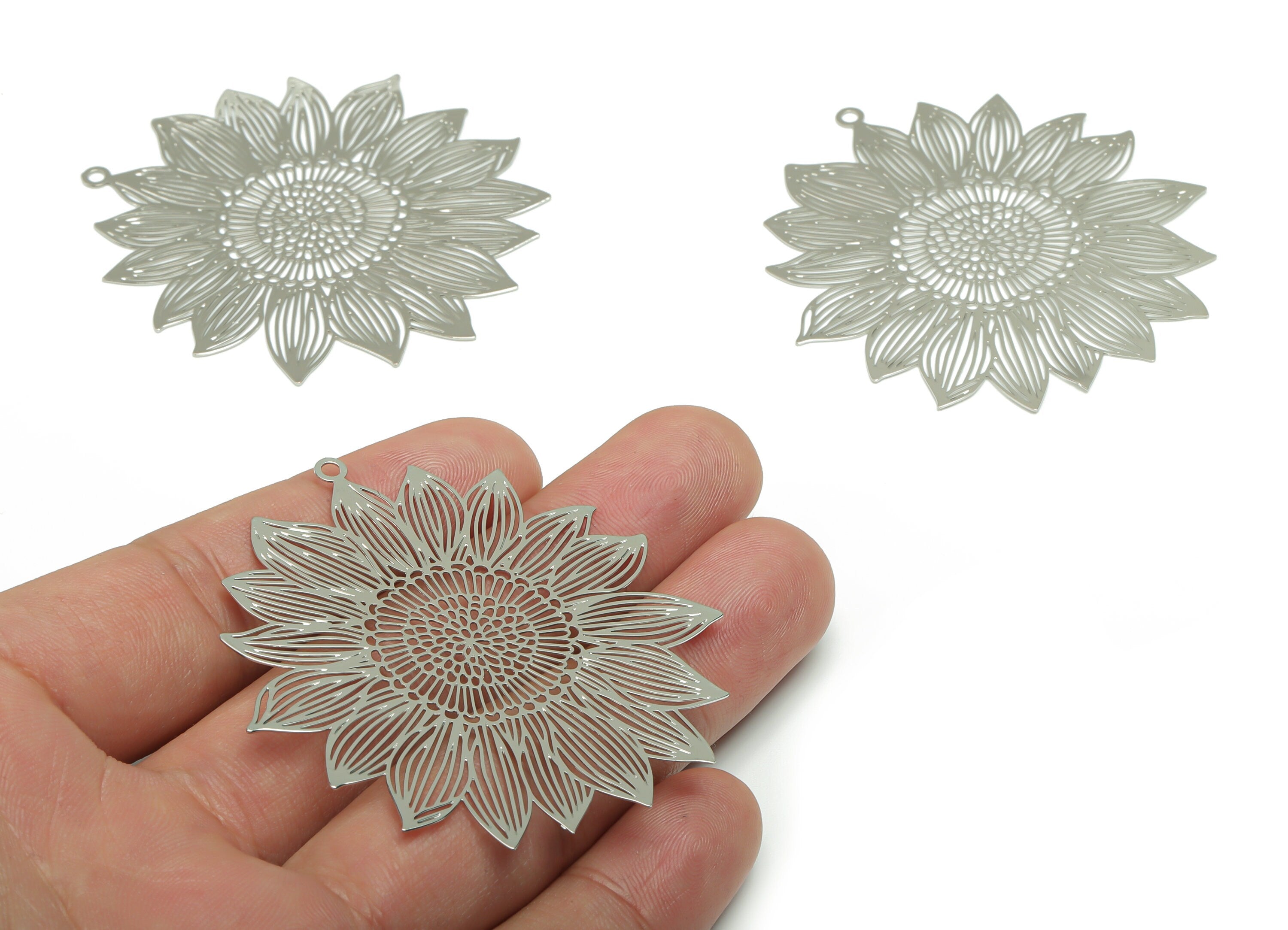 Brass Sunflower Earring Charms - Silver Flower Pendant - Silver Tone Plated Brass - Jewelry Making Supplies - 56.85x52.16x0.35mm - JJA4616S - DOMEDBAZAAR