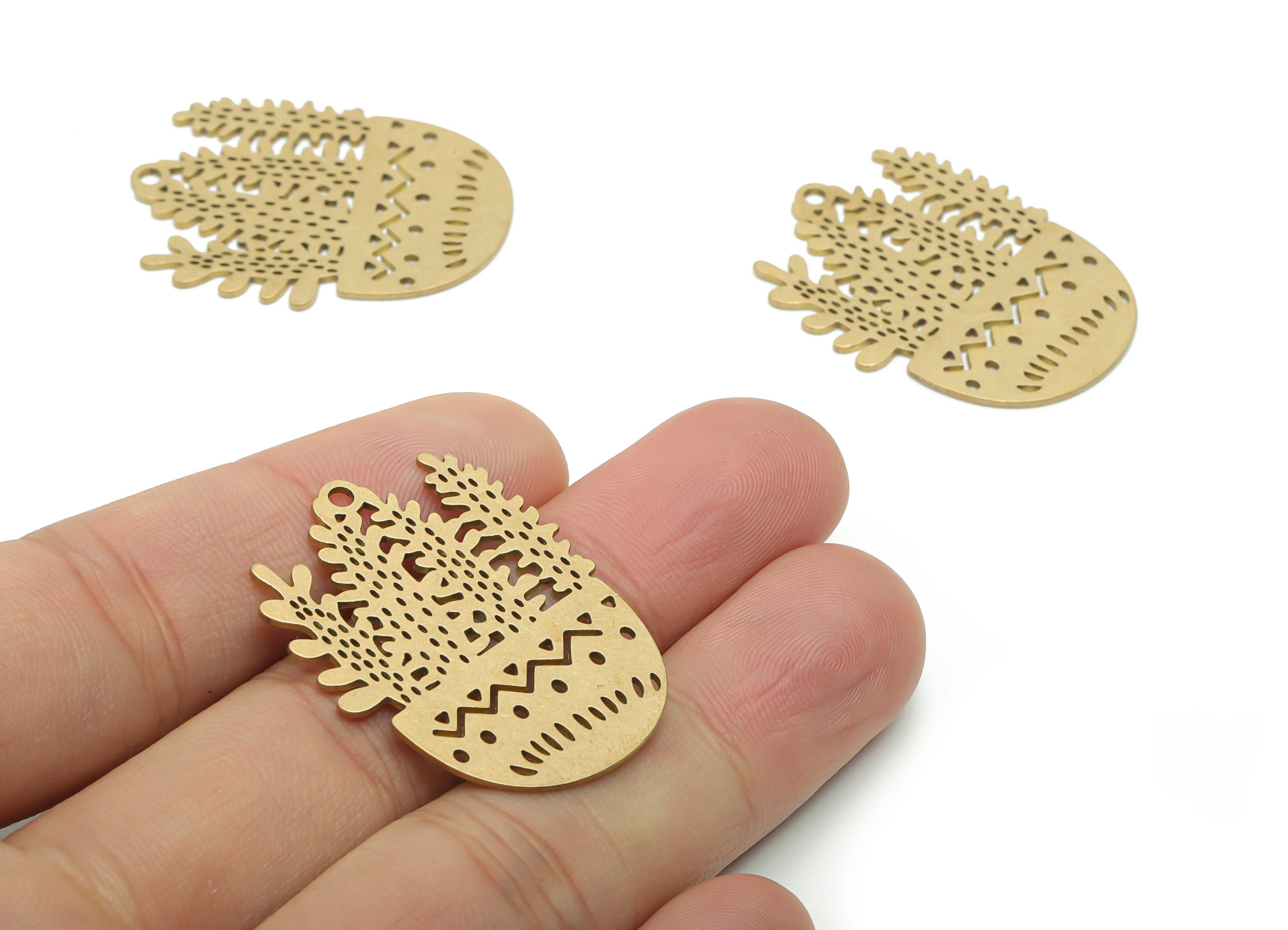 Brass Bubble Grass Waves Earring Charms - Raw Brass Potted Plant Triangles Pendant - Jewelry Supplies - 34.76x26.23x0.73mm - PPA1146 - DOMEDBAZAAR