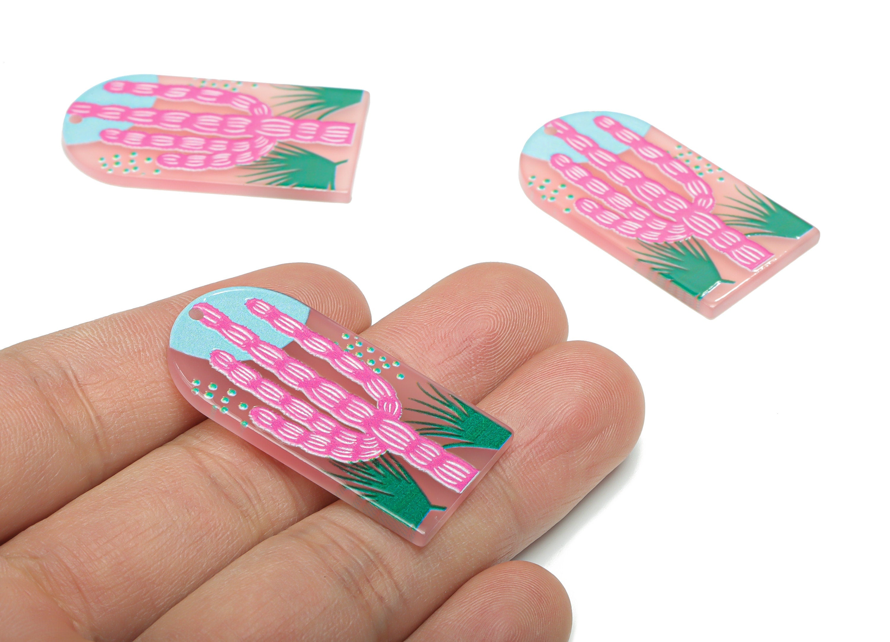 Acrylic Long D Domed Cactus Earring Charms - Acrylic D Grass Pendant - Printing Textured - Jewelry Supplies - 39.63x20.8x2.14mm - AC2460A - DOMEDBAZAAR