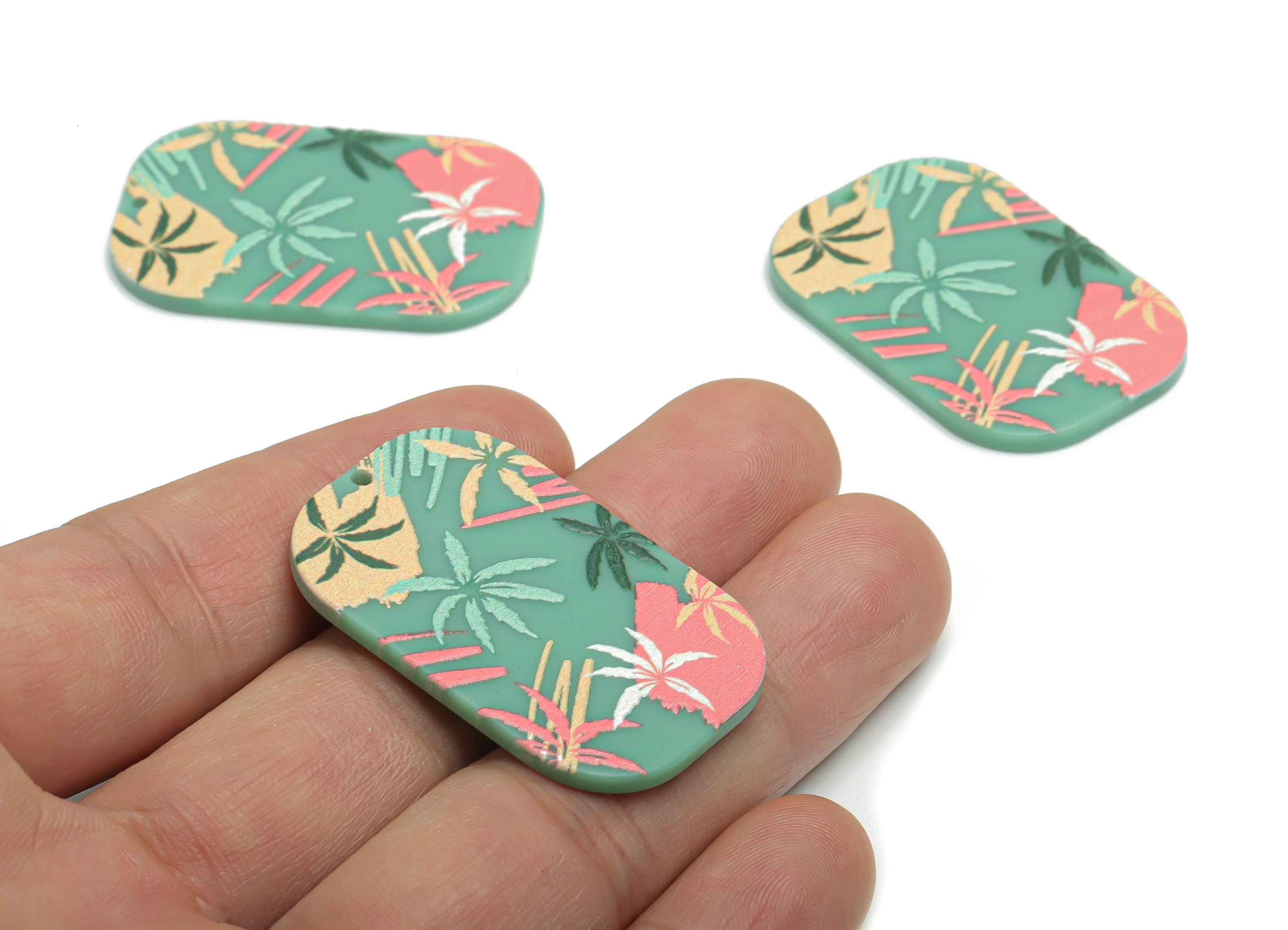 Acrylic Rectangle Leaf Flower Earring Charms - Acrylic Leaves Rectangle Pendant - Printing Textured - 39.45x26.12x2.22mm - AC2458H - DOMEDBAZAAR
