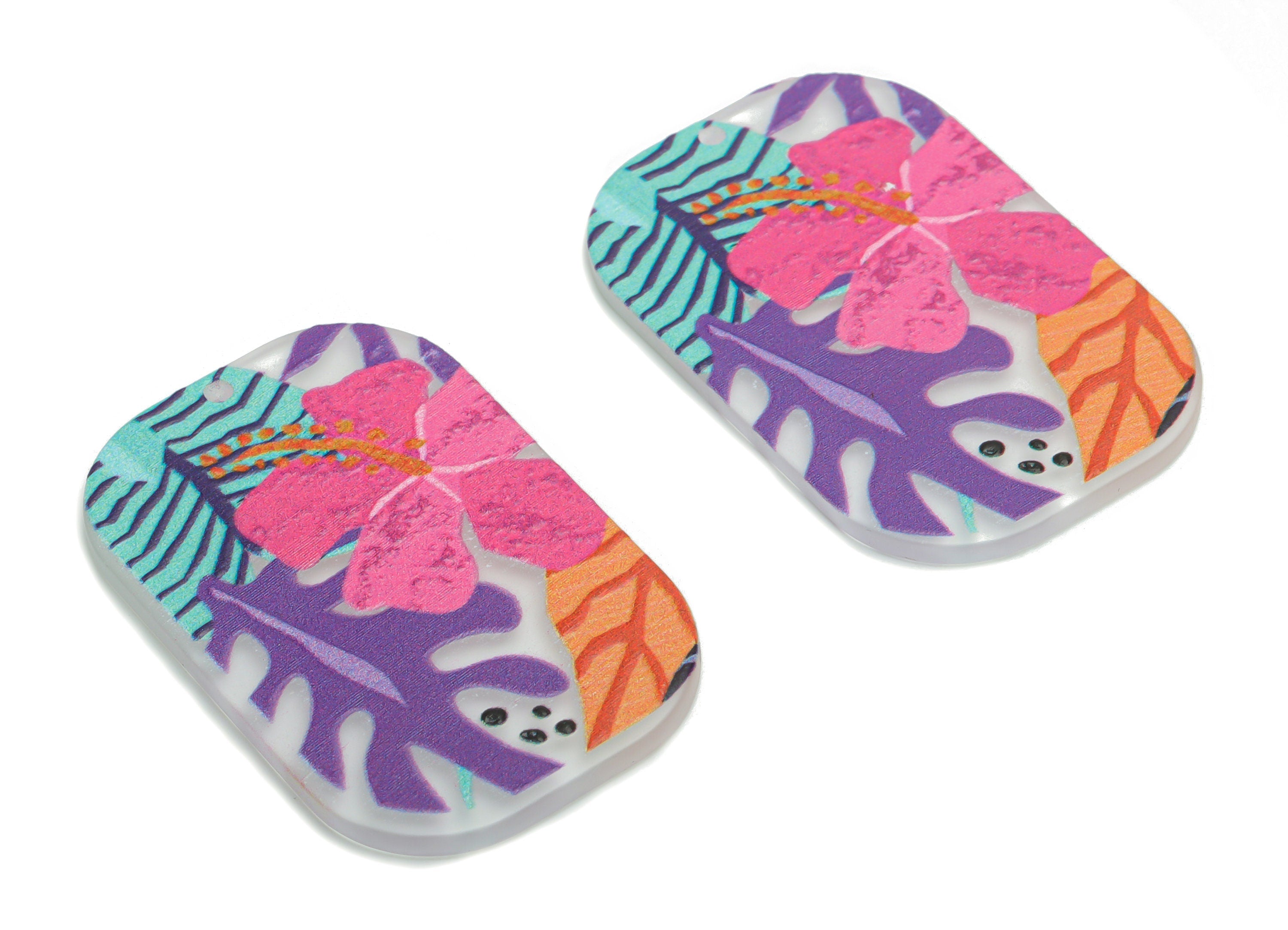 Acrylic Rectangle Leaf Flower Earring Charms - Acrylic Leaves Rectangle Pendant - Printing Textured - 39.45x26.12x2.22mm - AC2458C - DOMEDBAZAAR