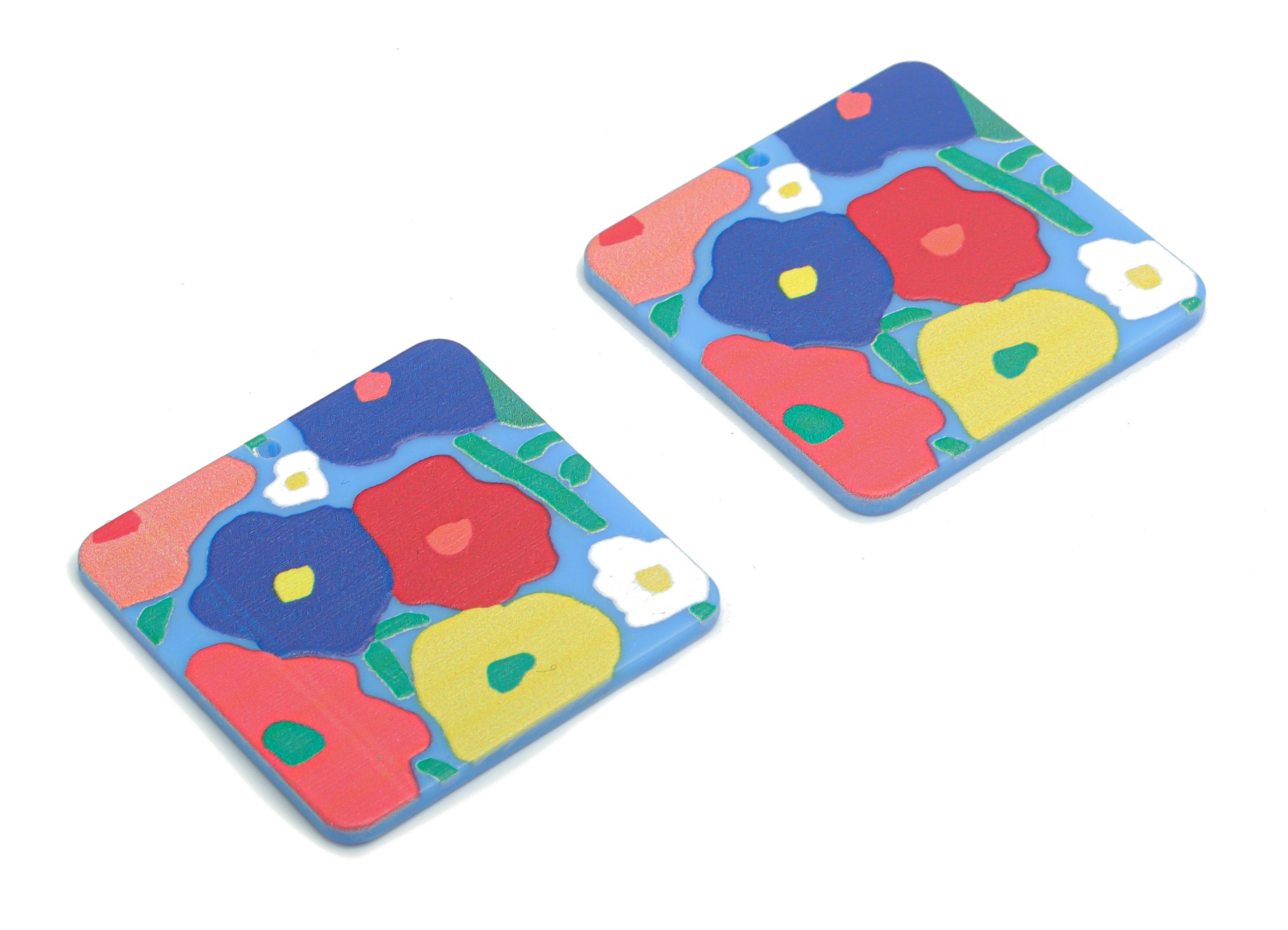 Acrylic Square Flower Leaf Earring Charms - Acrylic Flower Square Pendant - Printing Textured - Jewelry Supplies - 34.72x34.56x2mm - AC2455A - DOMEDBAZAAR