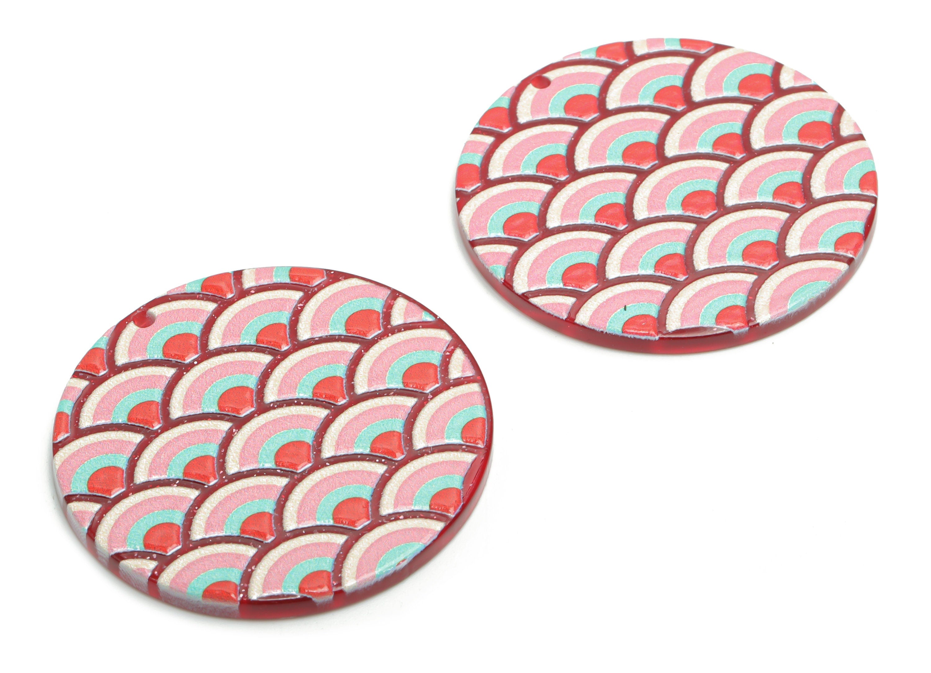 Acrylic Round Rainbow Earring Charms - Acrylic Semicircle Circle Pendant - Printing Textured - Jewelry Supplies - 37.68x37.7x2.3mm - AC2453C - DOMEDBAZAAR