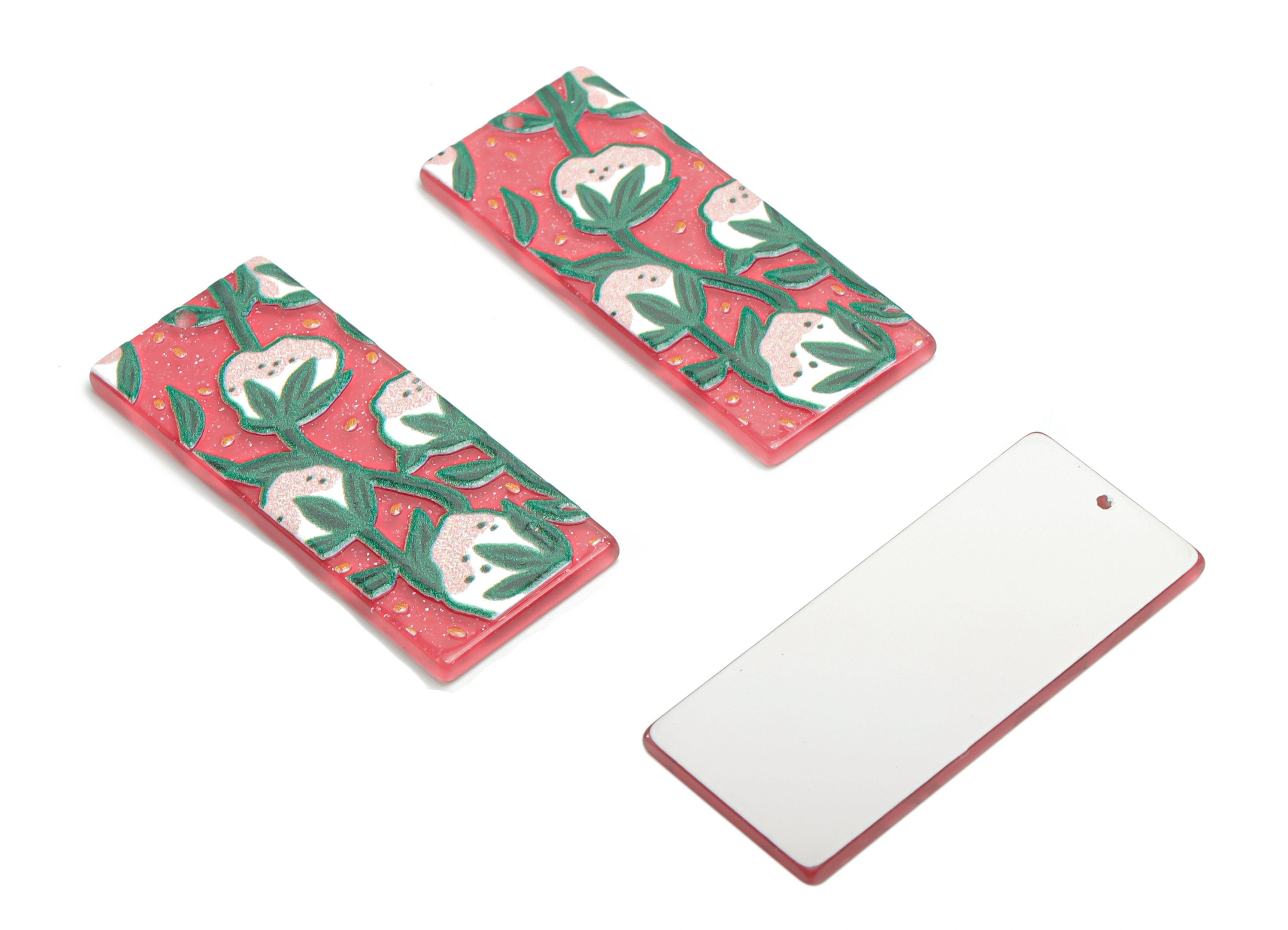 Acrylic Rectangle Leaf Flower Earring Charms - Acrylic Flower Rectangle Pendant - Printing Textured - 44.66x19.08x2.48mm - AC2462A - DOMEDBAZAAR