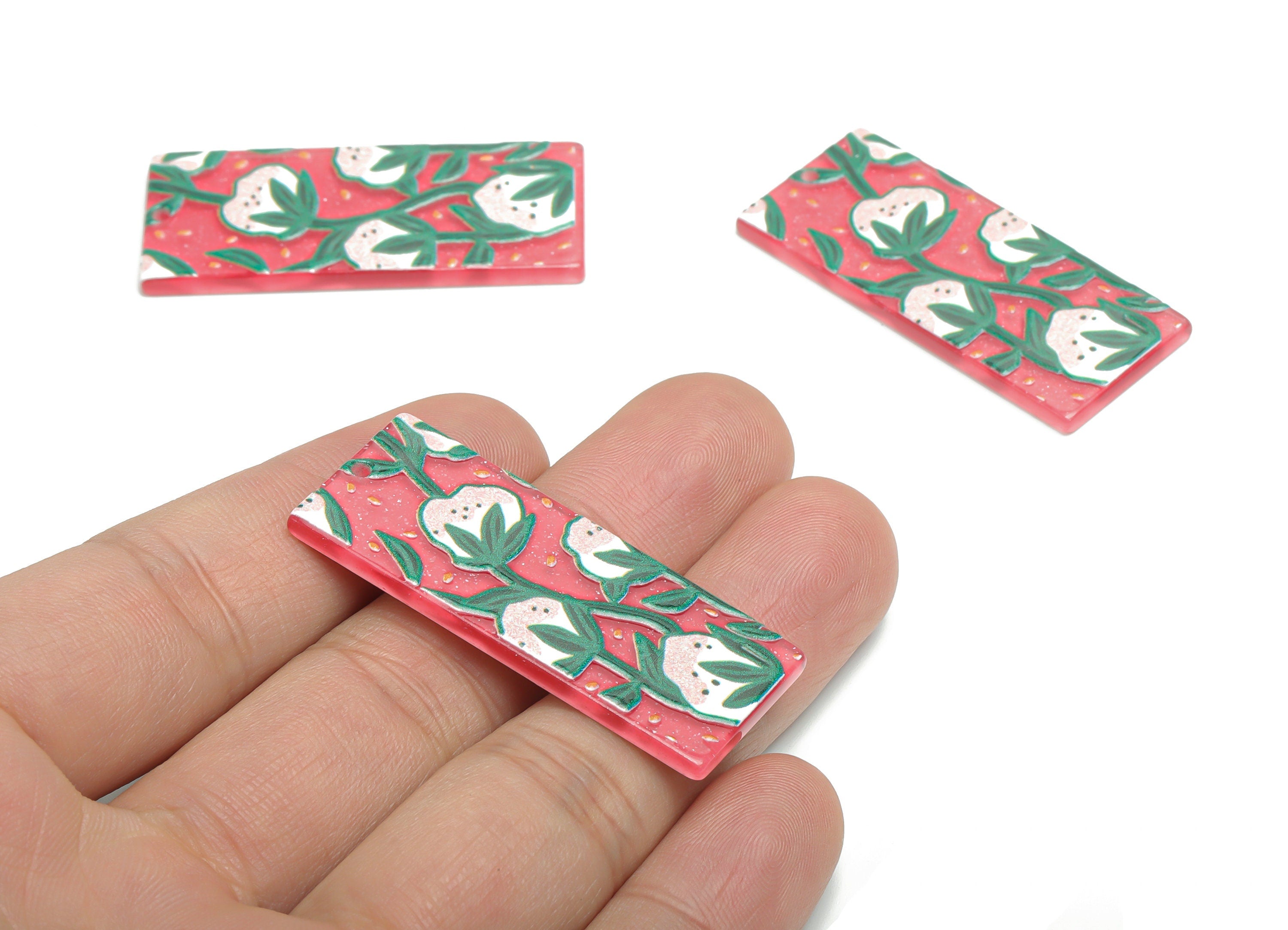 Acrylic Rectangle Leaf Flower Earring Charms - Acrylic Flower Rectangle Pendant - Printing Textured - 44.66x19.08x2.48mm - AC2462A - DOMEDBAZAAR